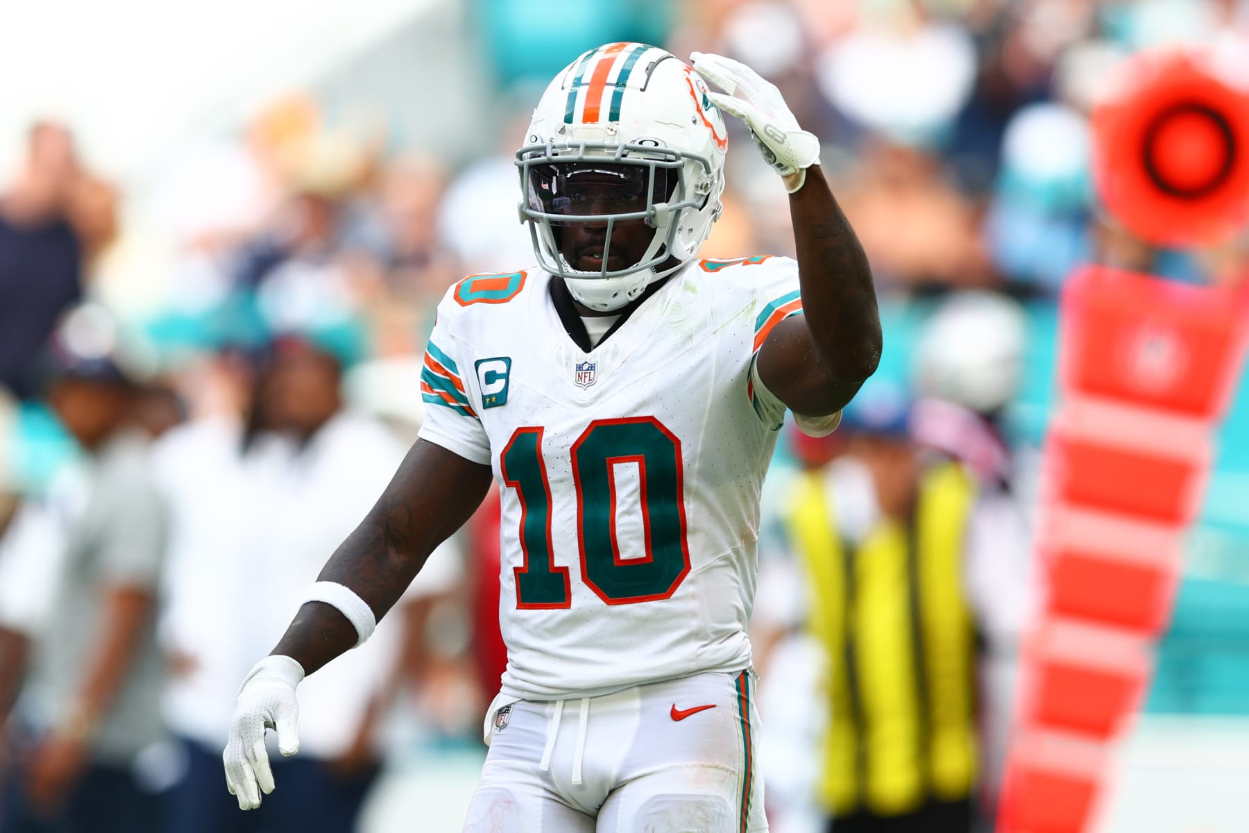 MIAMI GARDENS, FLORIDA - OCTOBER 29: Tyreek Hill #10 of the Miami Dolphins looks on against the New England Patriots during the second half of the game at Hard Rock Stadium on October 29, 2023 in Miami Gardens, Florida. (Photo by Megan Briggs/Getty Images)