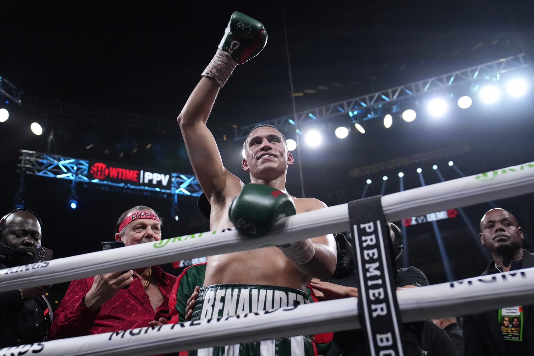 David Benavidez celebrates after defeating Demetrius Andrade in a super middleweight boxing match Saturday, Nov. 25, 2023, in Las Vegas. (AP Photo/John Locher)
