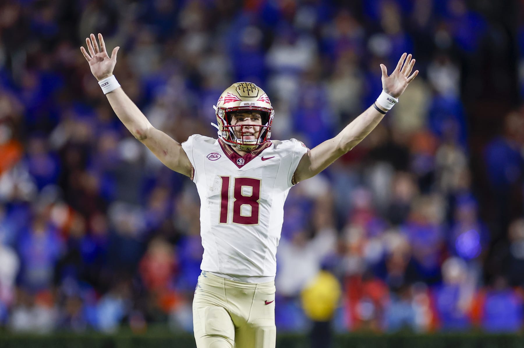 GAINESVILLE, FL - NOVEMBER 25: Florida State Seminoles quarterback Tate Rodemaker (18) reacts after a play during the game between the Florida Gators and the Florida State Seminoles on November 25, 2023 at Ben Hill Griffin Stadium at Florida Field in Gainesville, Fl. (Photo by David Rosenblum/Icon Sportswire via Getty Images)