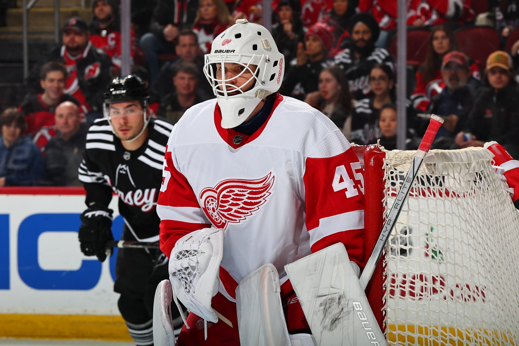 NEWARK, NJ - DECEMBER 23: Michael Hutchinson #45 of the Detroit Red Wings defends his net in the first period of the game against the New Jersey Devils at the Prudential Center on December 23, 2023 in Newark, New Jersey. (Photo by Rich Graessle/NHLI via Getty Images)