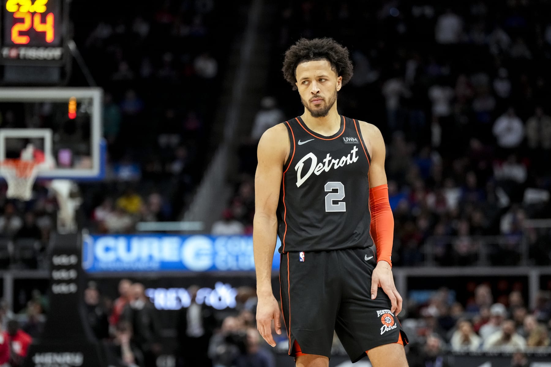 DETROIT, MICHIGAN - DECEMBER 26: Cade Cunningham #2 of the Detroit Pistons looks on during the last minute of the fourth quarter against the Brooklyn Nets at Little Caesars Arena on December 26, 2023 in Detroit, Michigan. The Detroit Pistons went on to lose against the Brooklyn Nets for their 27th consecutive loss in the season. NOTE TO USER: User expressly acknowledges and agrees that, by downloading and or using this photograph, User is consenting to the terms and conditions of the Getty Images License Agreement. (Photo by Nic Antaya/Getty Images)
