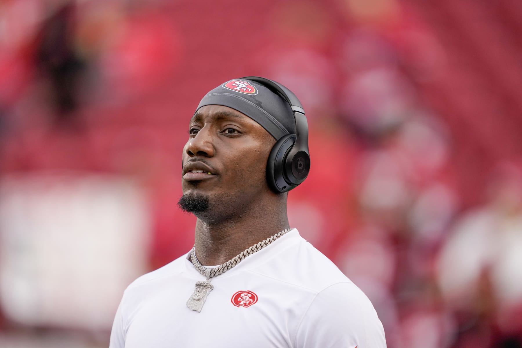 SANTA CLARA, CALIFORNIA - DECEMBER 25: Deebo Samuel #19 of the San Francisco 49ers looks on prior to a game against the Baltimore Ravens at Levi's Stadium on December 25, 2023 in Santa Clara, California. (Photo by Thearon W. Henderson/Getty Images)
