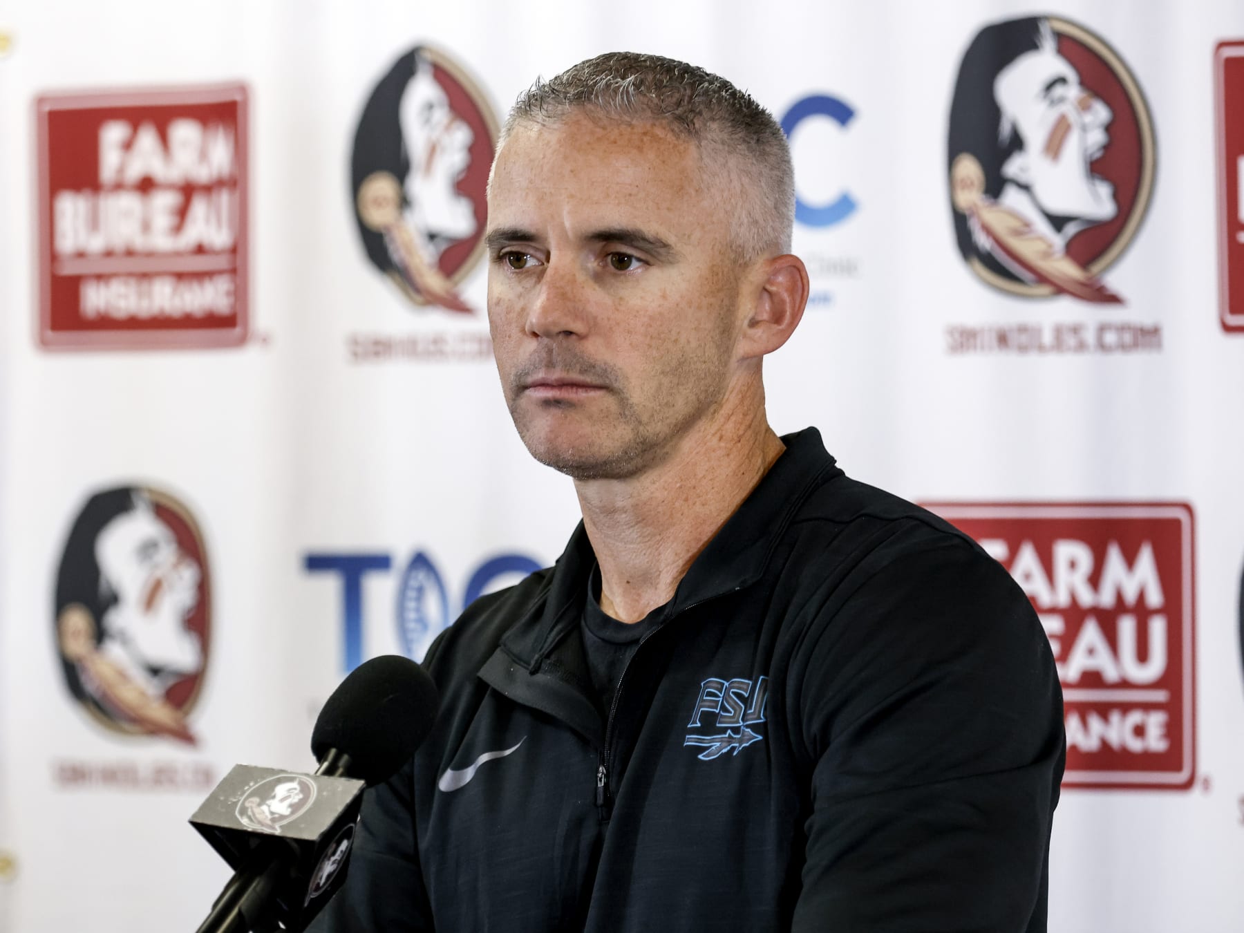 TALLAHASSEE, FL - NOVEMBER 20: Head Coach Mike Norvell of the Florida State Seminoles talk with the media during the weekly press conference at the Moore Athletic Center on the campus of Florida State University on November 20, 2023 in Tallahassee, Florida. (Photo by Don Juan Moore/Getty Images)