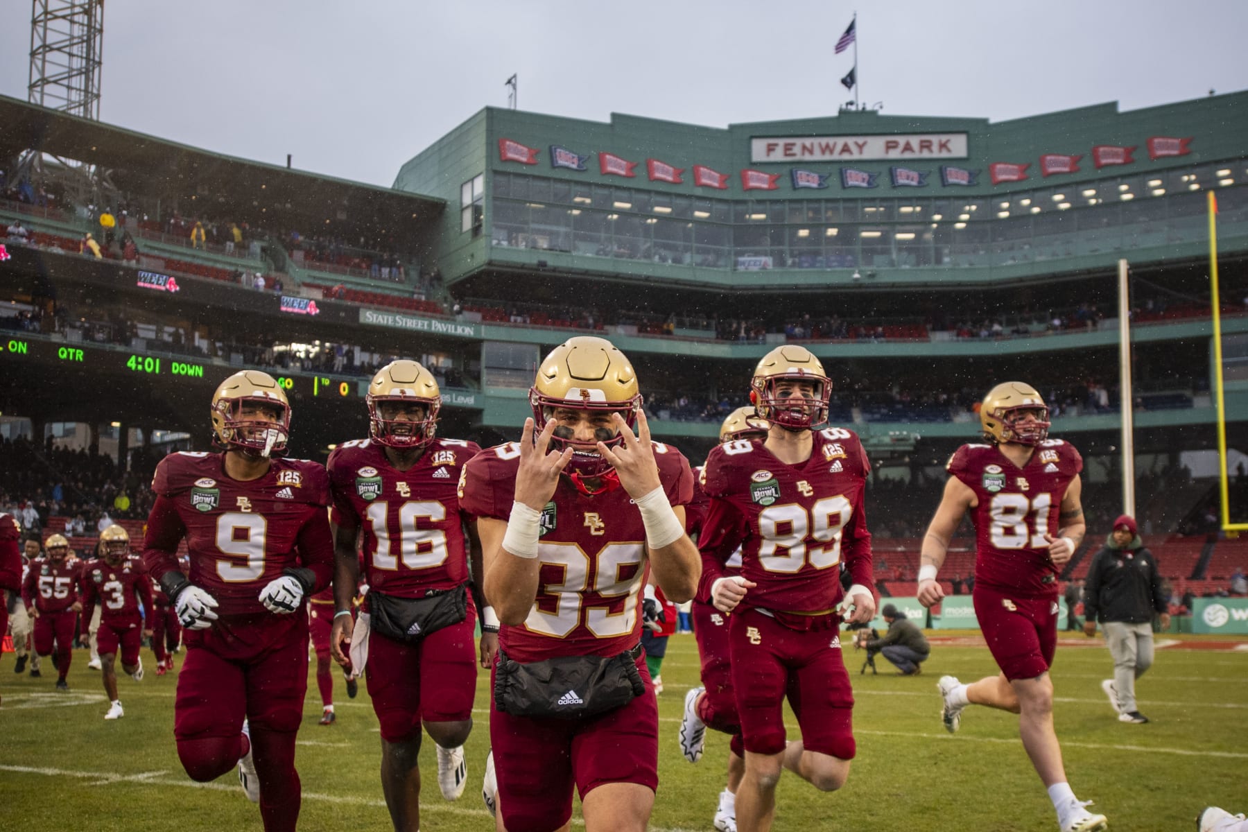 BOSTON, MA - DECEMBER 28: The Boston College Eagles are introduced before the 2023 Wasabi Fenway Bowl against the Southern Methodist University Mustangs on December 28, 2023 at Fenway Park in Boston, Massachusetts. (Photo by Billie Weiss/Boston Red Sox/Getty Images)