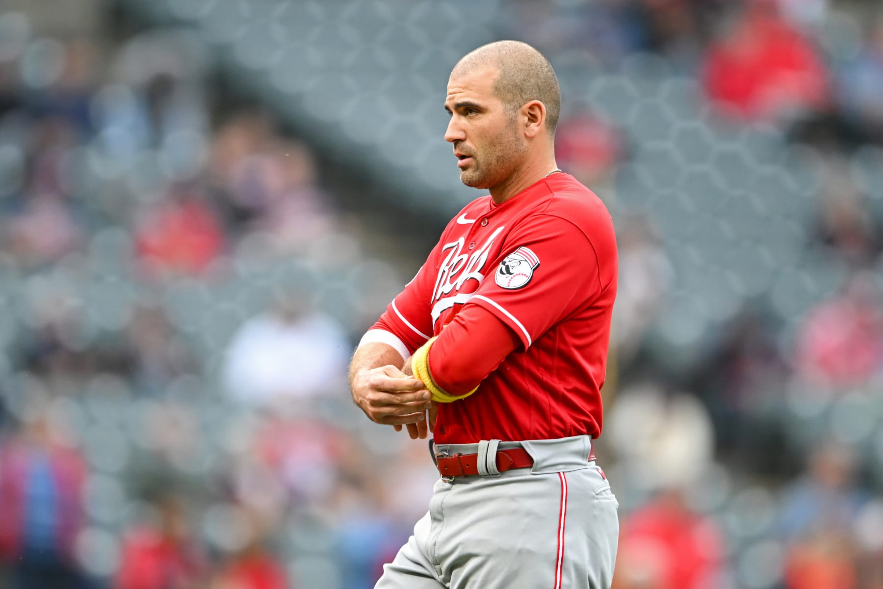 CLEVELAND, OHIO - SEPTEMBER 26, 2023: Joey Votto #19 of the Cincinnati Reds warms up prior to a game against the Cleveland Guardians at Progressive Field on September 26, 2023 in Cleveland, Ohio. (Photo by Nick Cammett/Diamond Images via Getty Images)