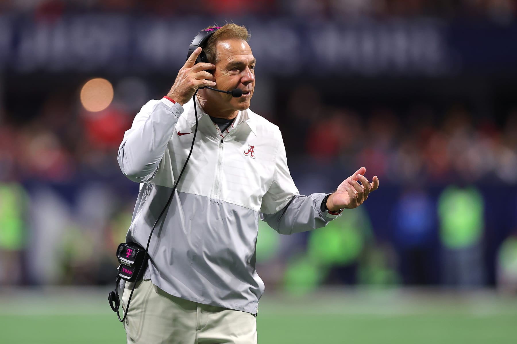 ATLANTA, GEORGIA - DECEMBER 02: Head coach Nick Saban of the Alabama Crimson Tide reacts to a play during the second quarter against the Georgia Bulldogs in the SEC Championship at Mercedes-Benz Stadium on December 02, 2023 in Atlanta, Georgia. (Photo by Kevin C. Cox/Getty Images)