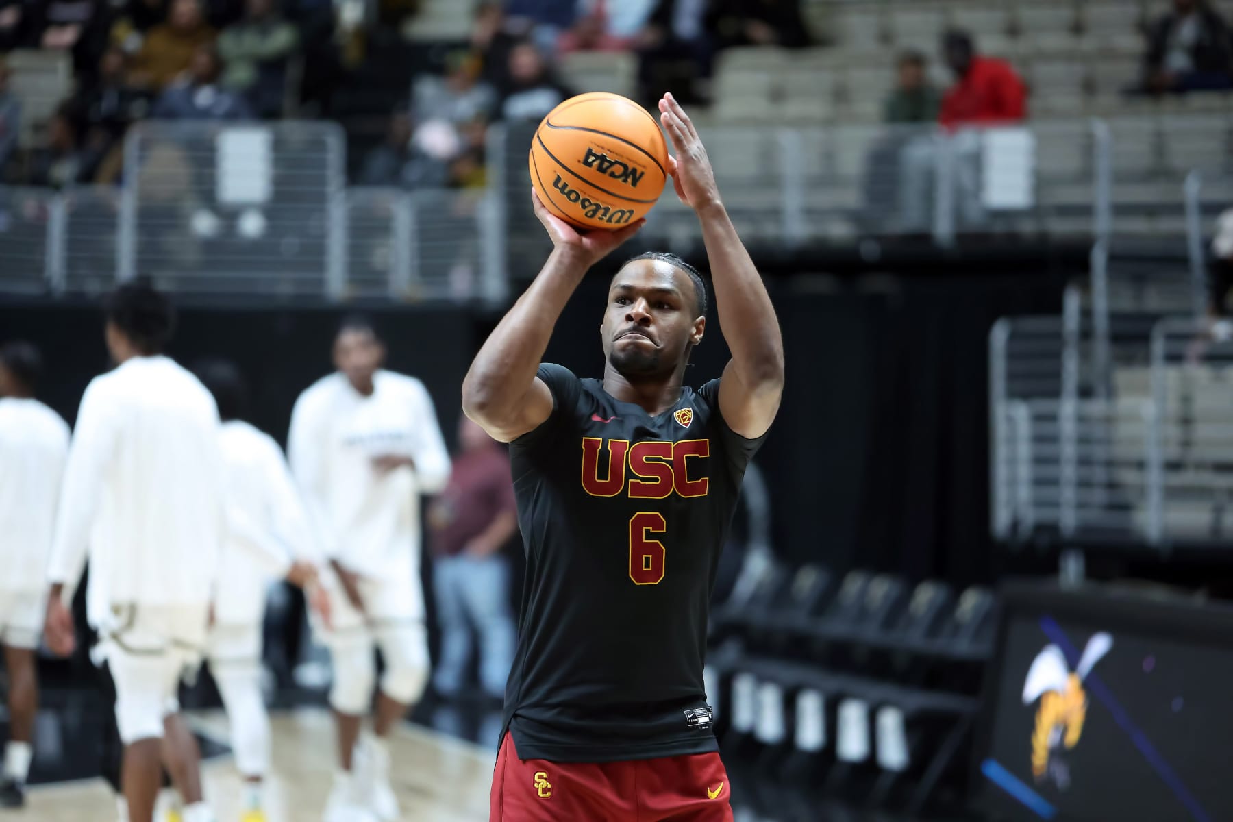 MONTGOMERY, AL - DECEMBER 19:  USC Trojans guard Bronny James (6) takes a shot during warmups before the game between the Alabama State Hornets and the USC Trojans on December 19, 2023 at the Dunn-Oliver Acadome in Montgomery, Alabama. (Photo by Michael Wade/Icon Sportswire via Getty Images)