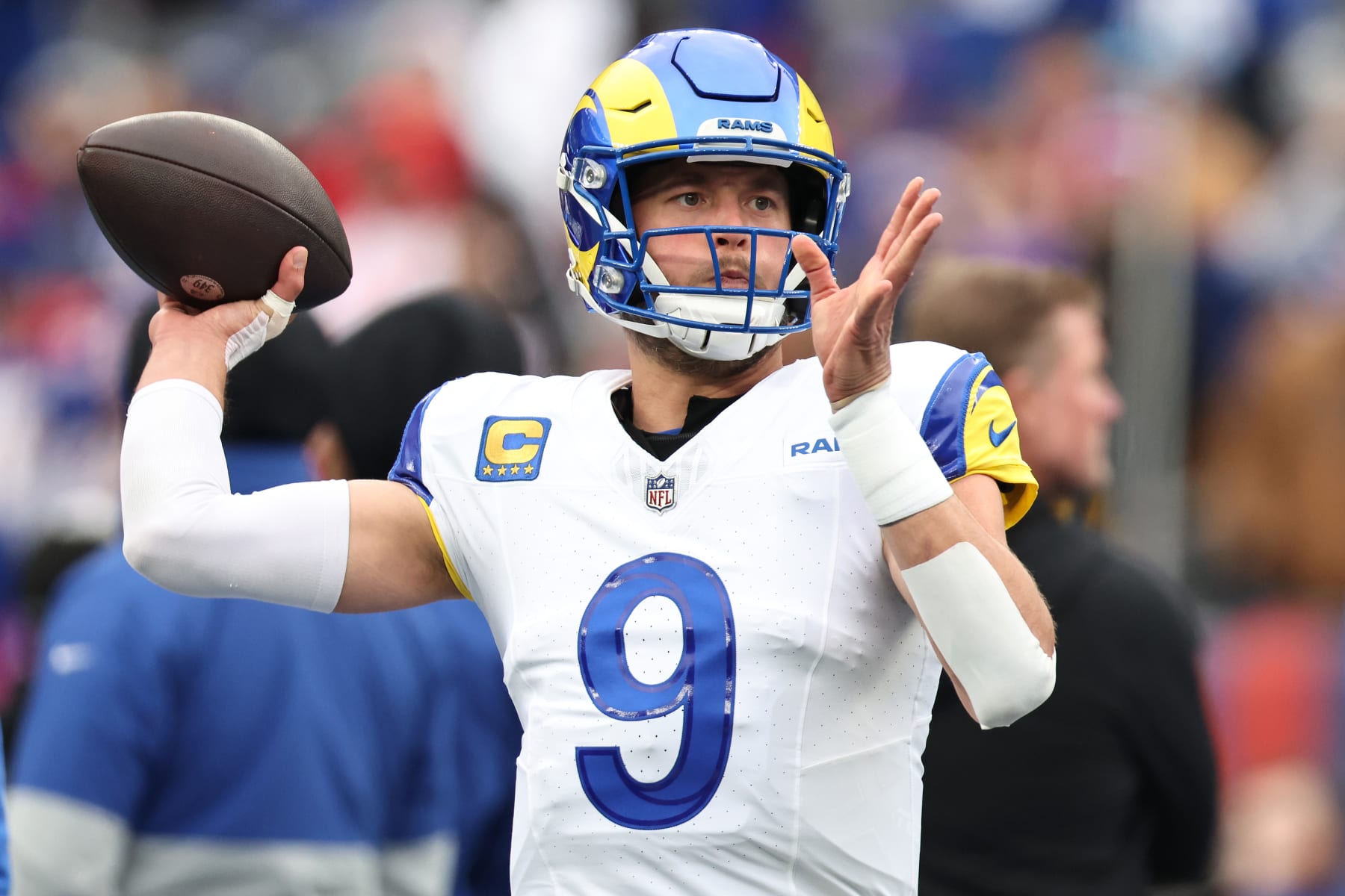 EAST RUTHERFORD, NEW JERSEY - DECEMBER 31: Matthew Stafford #9 of the Los Angeles Rams warms up prior to a game against the New York Giants at MetLife Stadium on December 31, 2023 in East Rutherford, New Jersey. (Photo by Dustin Satloff/Getty Images)