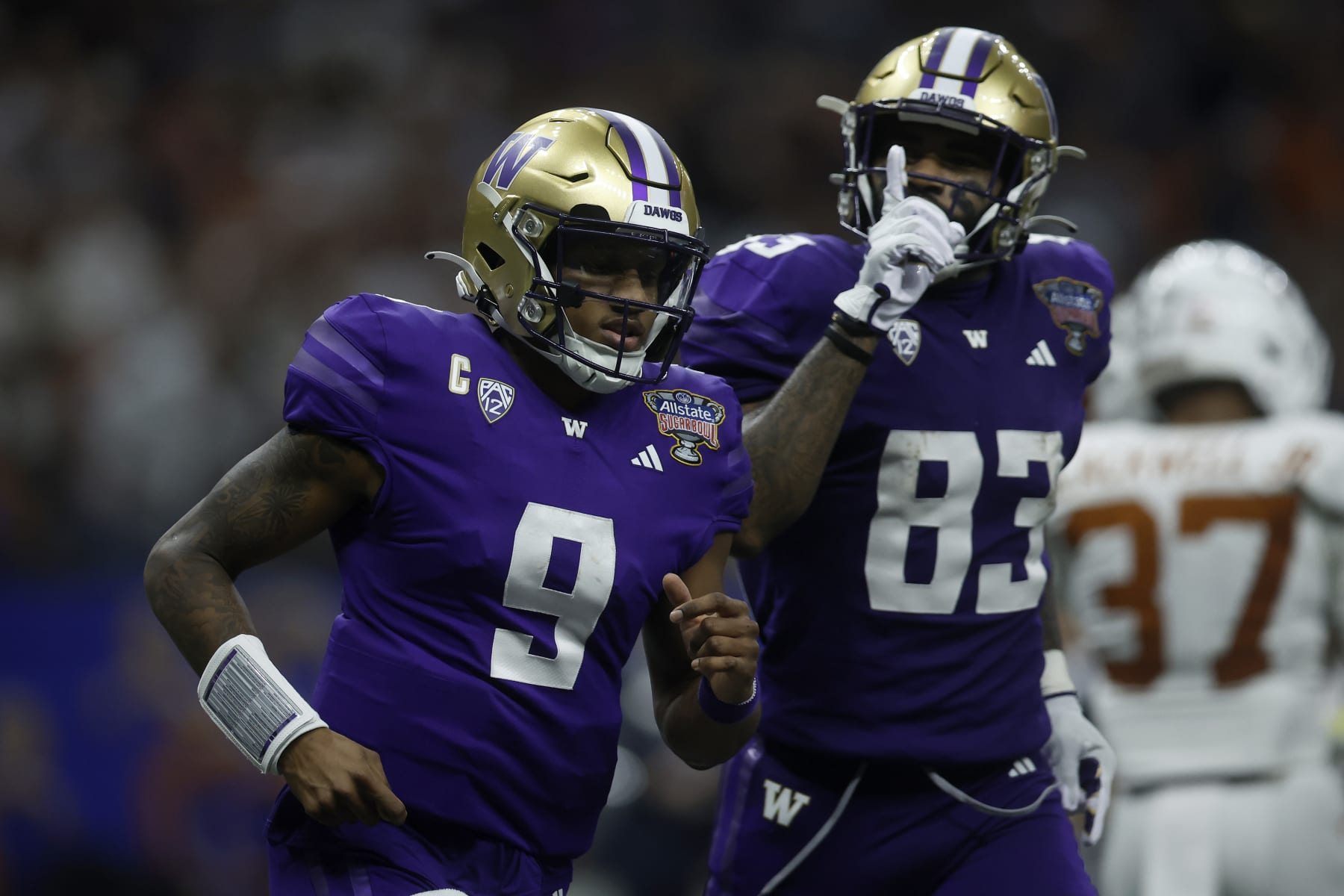 NEW ORLEANS, LOUISIANA - JANUARY 01: Michael Penix Jr. #9 and Devin Culp #83 of the Washington Huskies react after a touchdown during the third quarter against the Texas Longhorns during the CFP Semifinal Allstate Sugar Bowl at Caesars Superdome on January 01, 2024 in New Orleans, Louisiana. (Photo by Chris Graythen/Getty Images)