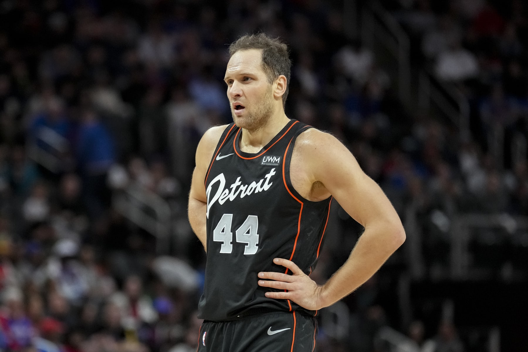 DETROIT, MICHIGAN - DECEMBER 26: Bojan Bogdanovic #44 of the Detroit Pistons looks on against the Brooklyn Nets at Little Caesars Arena on December 26, 2023 in Detroit, Michigan. NOTE TO USER: User expressly acknowledges and agrees that, by downloading and or using this photograph, User is consenting to the terms and conditions of the Getty Images License Agreement. (Photo by Nic Antaya/Getty Images)