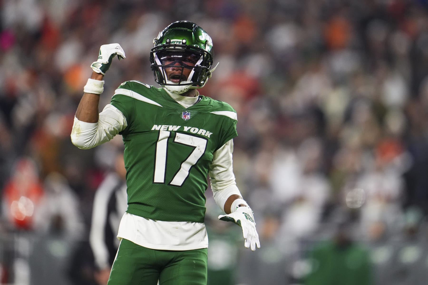 CLEVELAND, OH - DECEMBER 28: Garrett Wilson #17 of the New York Jets looks on from the field during an NFL football game against the Cleveland Browns at Cleveland Browns Stadium on December 28, 2023 in Cleveland, Ohio. (Photo by Cooper Neill/Getty Images)