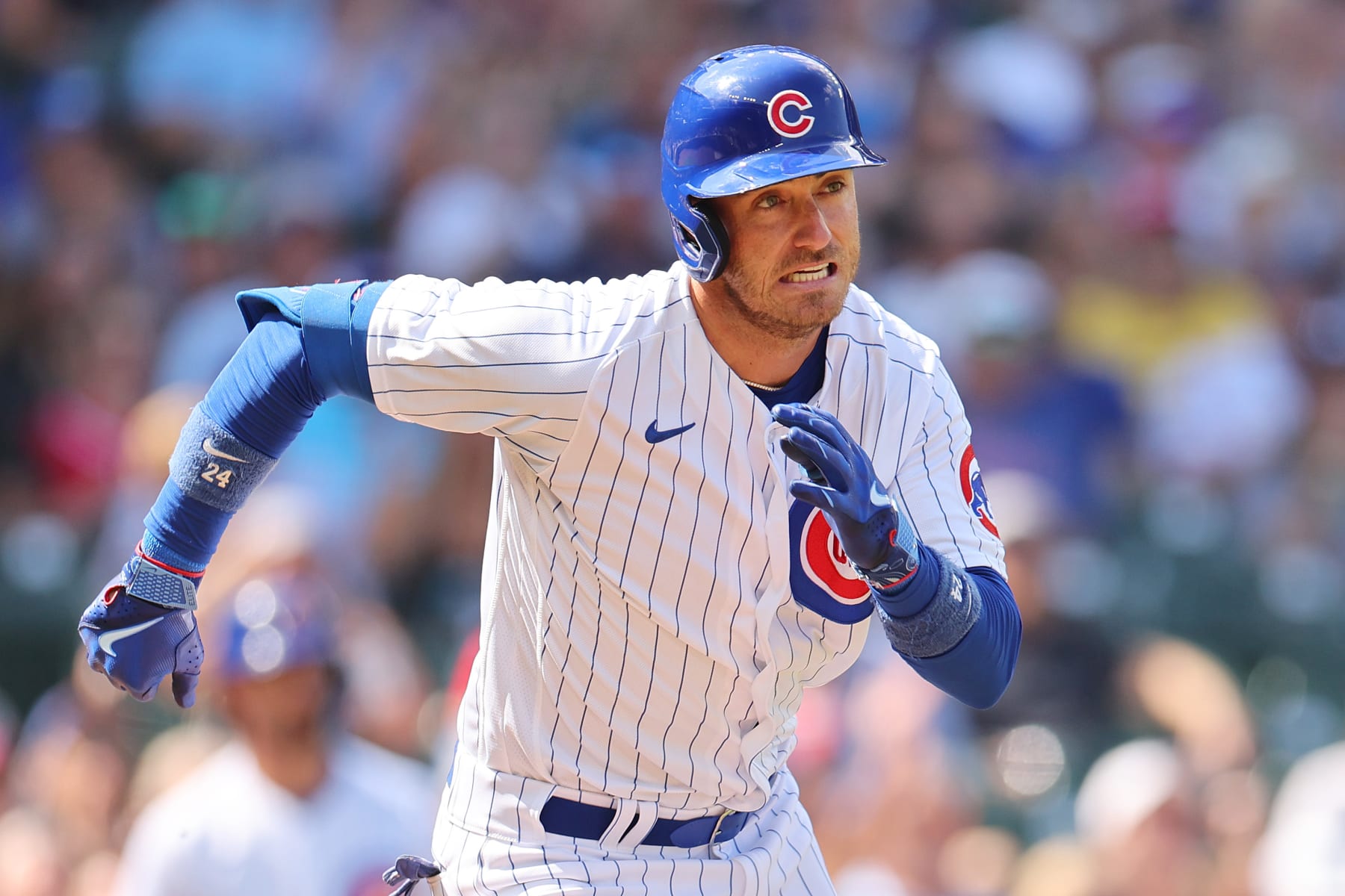 CHICAGO, ILLINOIS - SEPTEMBER 06: Cody Bellinger #24 of the Chicago Cubs runs to second base after hitting a double against the San Francisco Giants during the third inning at Wrigley Field on September 06, 2023 in Chicago, Illinois. (Photo by Michael Reaves/Getty Images)