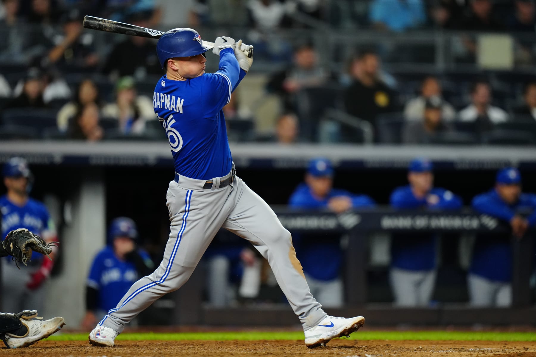NEW YORK, NY - SEPTEMBER 21: Matt Chapman #26 of the Toronto Blue Jays hits a one RBI single in the ninth inning during the game between the Toronto Blue Jays and the New York Yankees at Yankee Stadium on Thursday, September 21, 2023 in New York, New York. (Photo by Daniel Shirey/MLB Photos via Getty Images)