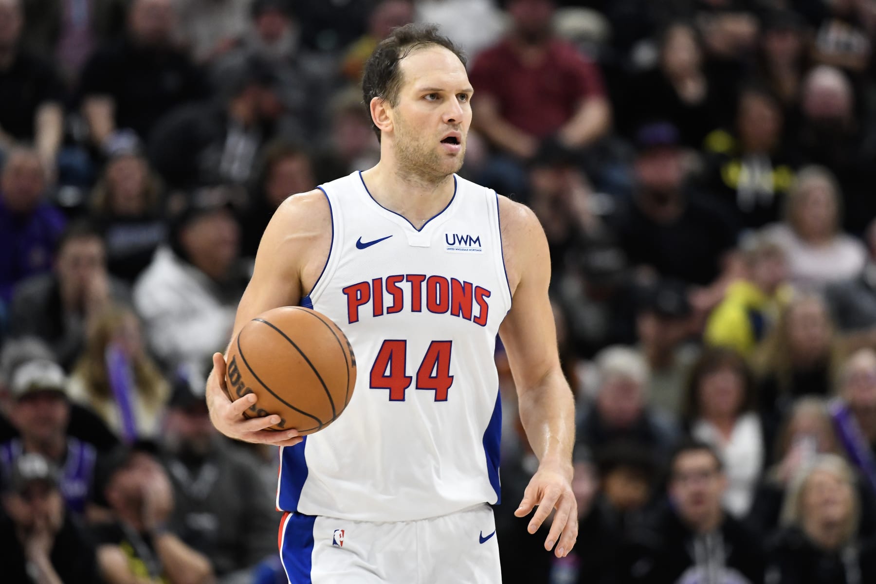 SALT LAKE CITY, UTAH - JANUARY 03: Bojan Bogdanovic #44 of the Detroit Pistons in action during the second half of a game against the Utah Jazz at Delta Center on January 03, 2024 in Salt Lake City, Utah. NOTE TO USER: User expressly acknowledges and agrees that, by downloading and or using this photograph, User is consenting to the terms and conditions of the Getty Images License Agreement. (Photo by Alex Goodlett/Getty Images)