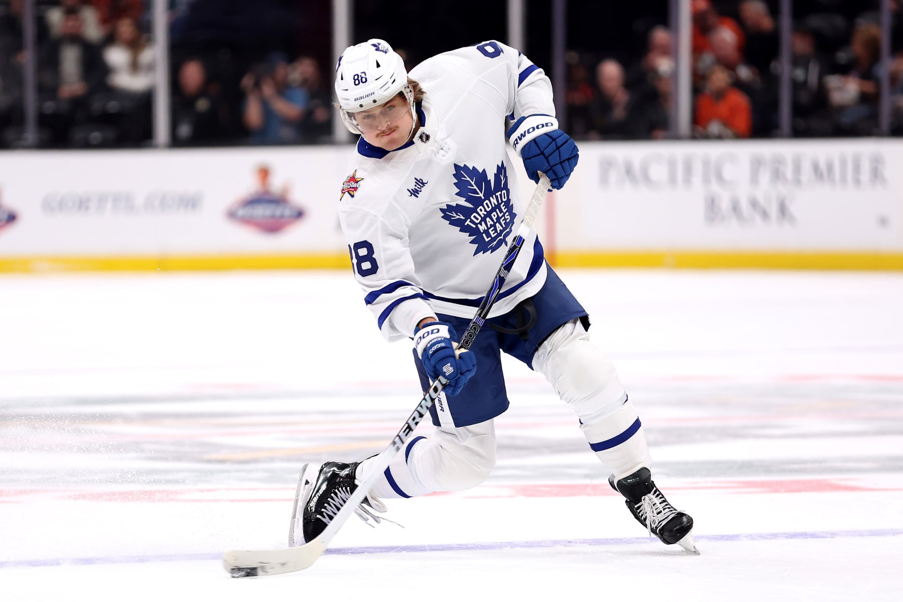 ANAHEIM, CALIFORNIA - JANUARY 03: William Nylander #88 of the Toronto Maple Leafs shoots the puck during the first period of a game against the Anaheim Ducks at Honda Center on January 03, 2024 in Anaheim, California. (Photo by Sean M. Haffey/Getty Images)