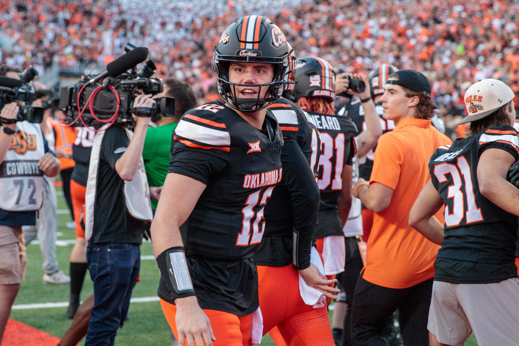STILLWATER, OK - NOVEMBER 04: Oklahoma State Cowboys quarterback Gunnar Gundy (12) on the field after the game against the Oklahoma Sooners on November 4th, 2023 at Boone Pickens Stadium in Stillwater, Oklahoma. (Photo by William Purnell/Icon Sportswire via Getty Images)