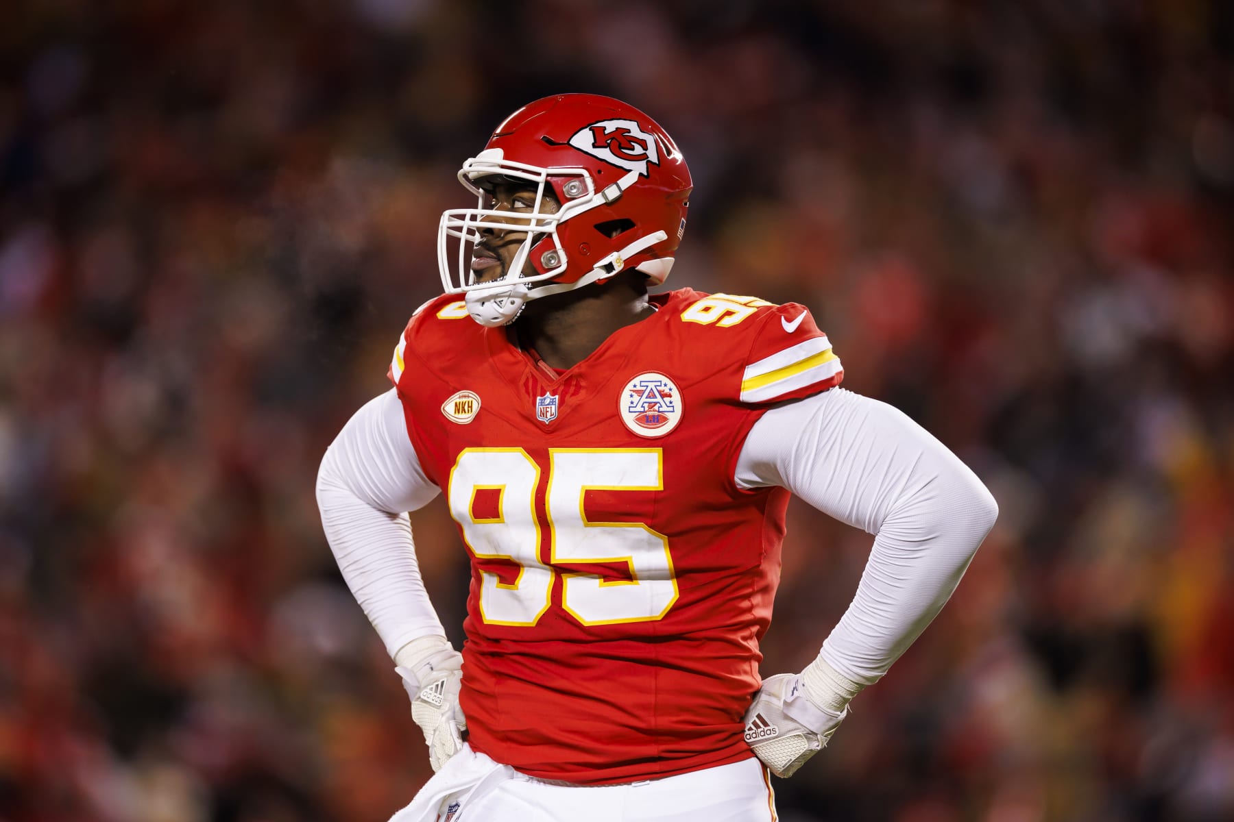 KANSAS CITY, MISSOURI - DECEMBER 31: Chris Jones #95 of the Kansas City Chiefs looks on with his hands on hips during an NFL football game against the Cincinnati Bengals at GEHA Field at Arrowhead Stadium on December 31, 2023 in Kansas City, Missouri. (Photo by Ryan Kang/Getty Images)