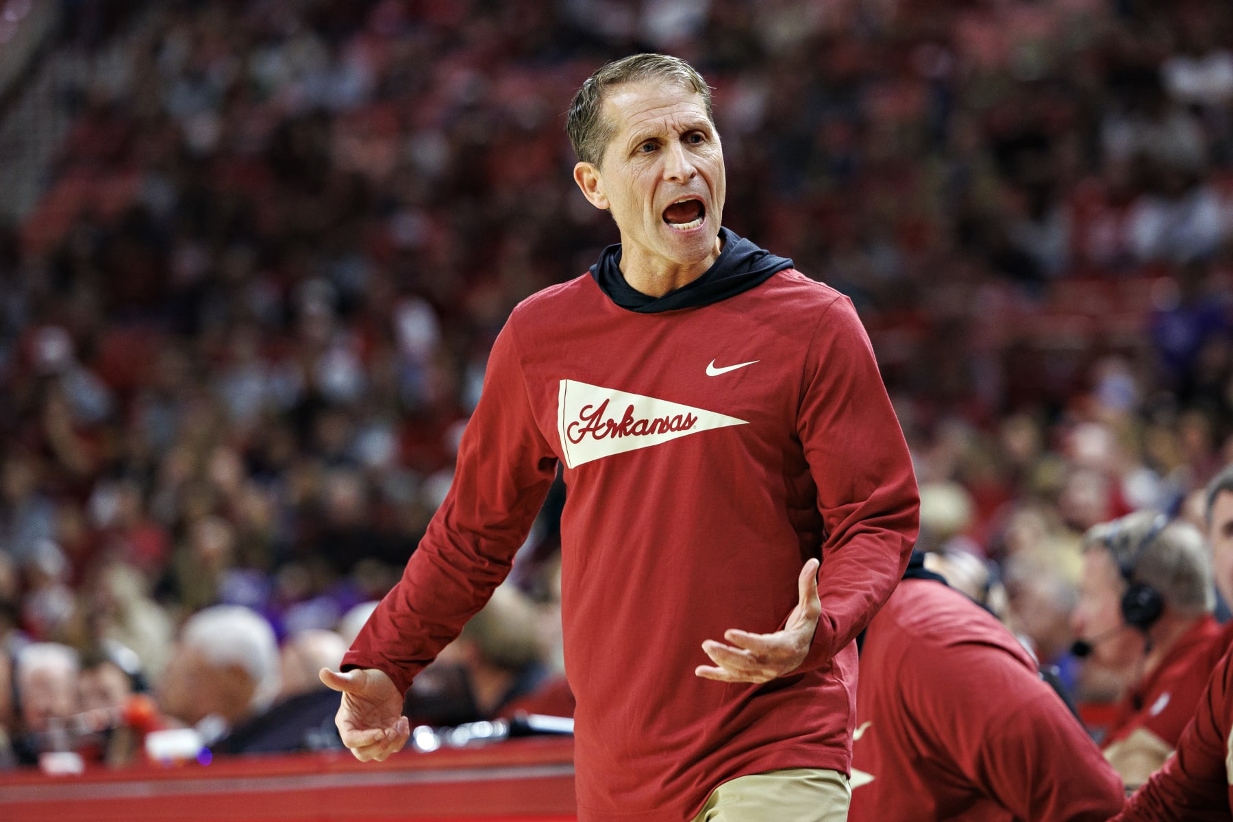 FAYETTEVILLE, ARKANSAS - DECEMBER 21: Head Coach Eric Musselman of the Arkansas Razorbacks during the game against the Abilene Christian Wildcats at Bud Walton Arena on December 21, 2023 in Fayetteville, Arkansas. The Razorbacks defeated the Wildcats 83-73.  (Photo by Wesley Hitt/Getty Images)