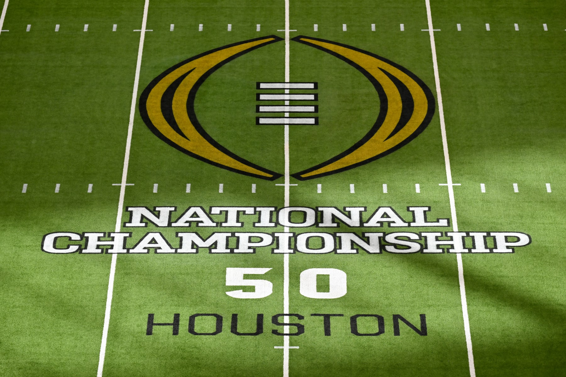 HOUSTON, TEXAS - JANUARY 08: A general view of the field logo before the 2024 CFP National Championship game between the Michigan Wolverines and the Washington Huskies at NRG Stadium on January 08, 2024 in Houston, Texas. (Photo by Alika Jenner/Getty Images)