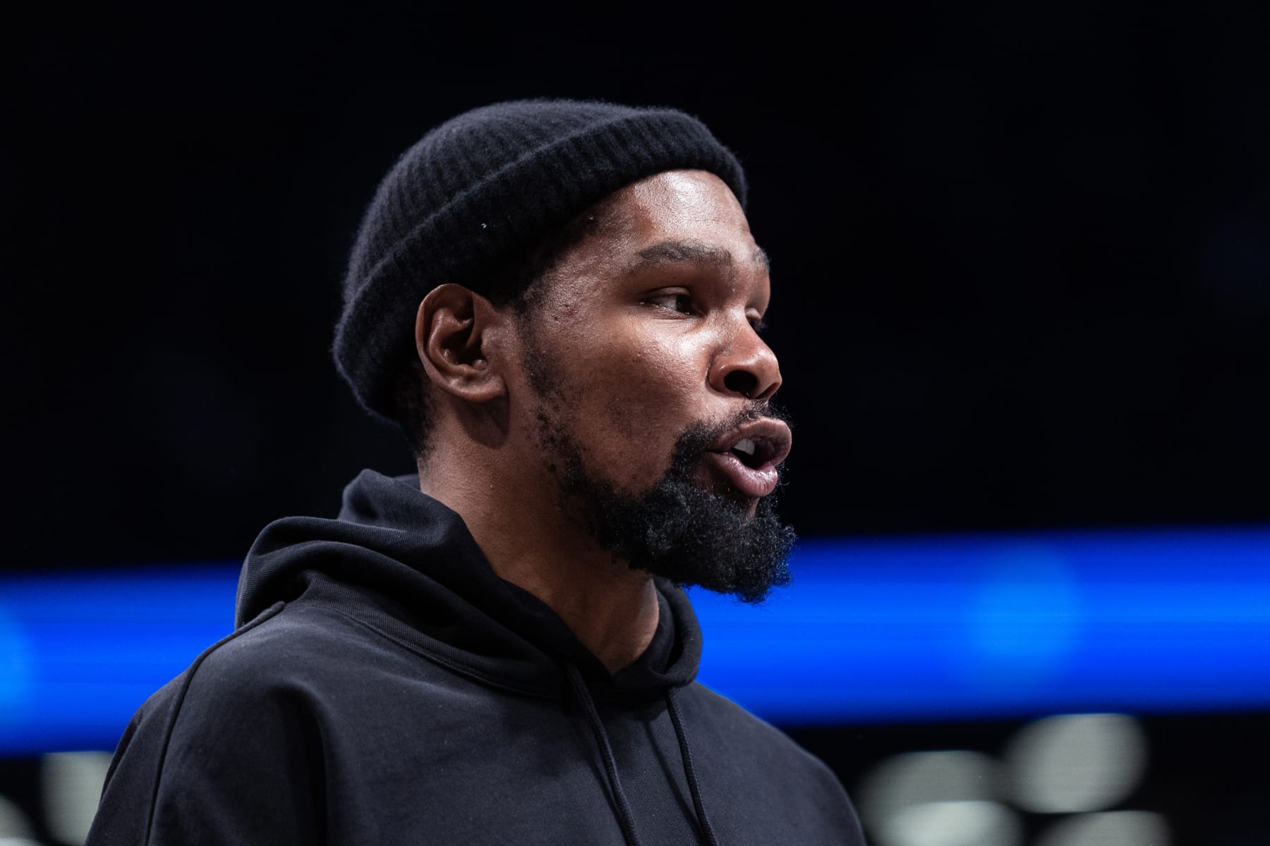 NEW YORK, NEW YORK - JANUARY 28: Kevin Durant #7 of the Brooklyn Nets looks on during a timeout during the second quarter of the game against the New York Knicks at Barclays Center on January 28, 2023 in New York City. NOTE TO USER: User expressly acknowledges and agrees that, by downloading and or using this photograph, User is consenting to the terms and conditions of the Getty Images License Agreement. (Photo by Dustin Satloff/Getty Images)