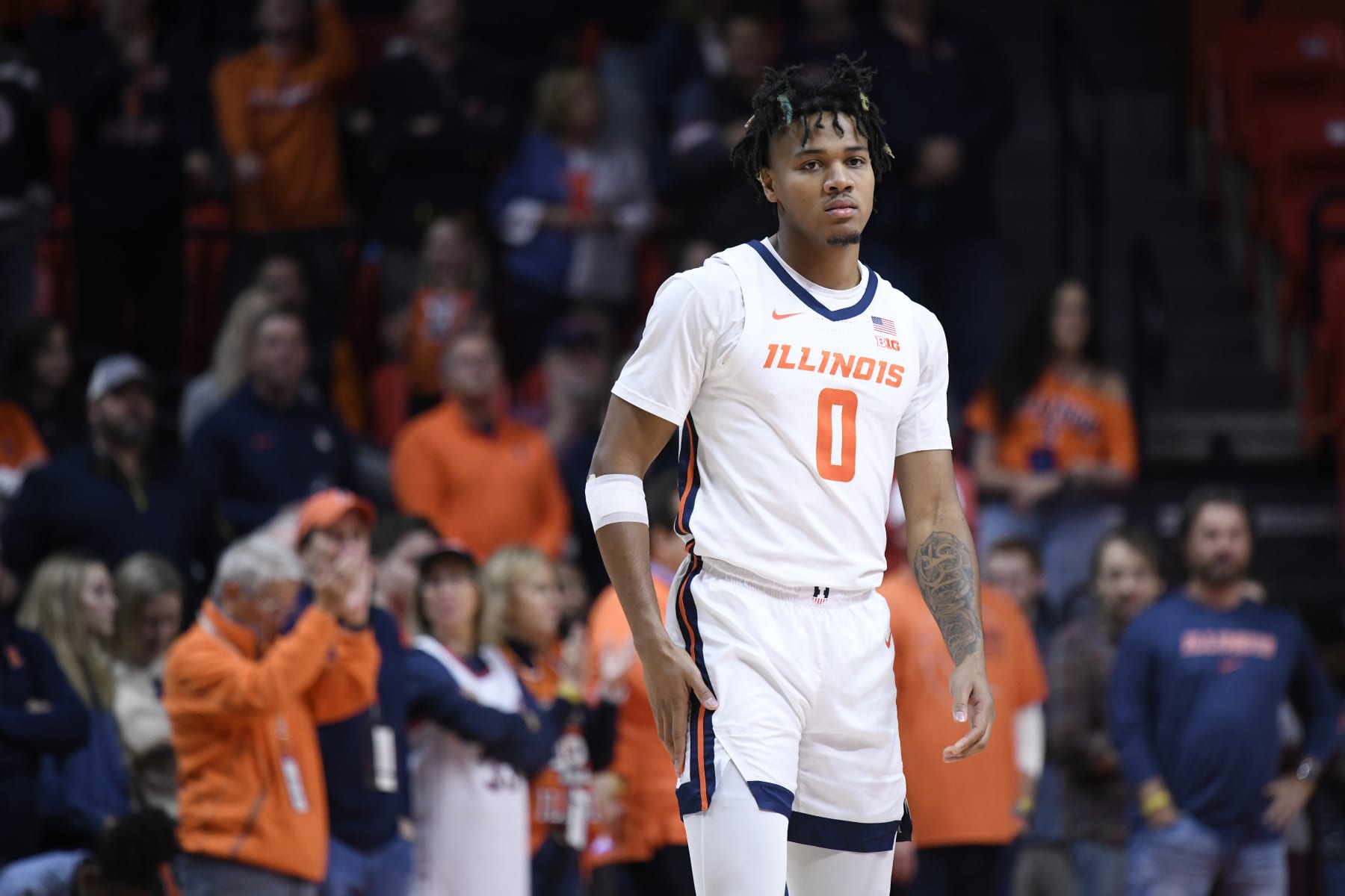 CHAMPAIGN, IL - DECEMBER 17: Illinois Fighting Illini Guard Terrence Shannon Jr. (0) looks on before the college basketball game between the Colgate Raiders and the Illinois Fighting Illini on December 17, 2023, at State Farm Center in Champaign, Illinois. (Photo by Michael Allio/Icon Sportswire via Getty Images)