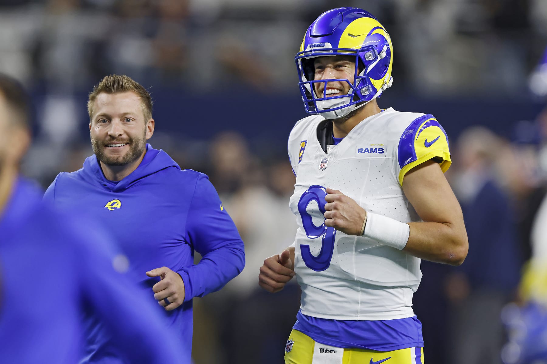 ARLINGTON, TEXAS - OCTOBER 29: Matthew Stafford #9 of the Los Angeles Rams and head coach Sean McVay of the Los Angeles Rams look on prior to a game against the Dallas Cowboys at AT&T Stadium on October 29, 2023 in Arlington, Texas. (Photo by Ron Jenkins/Getty Images)