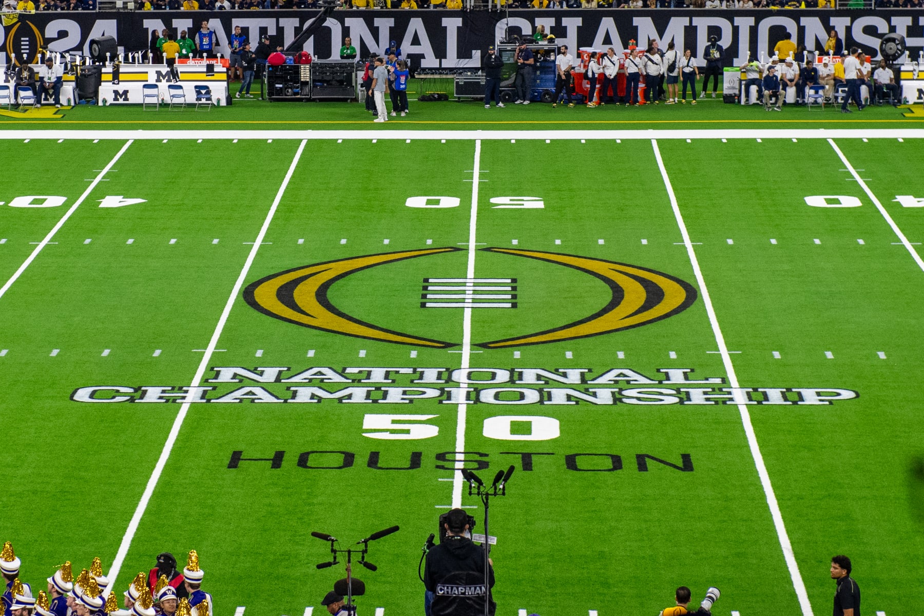HOUSTON, TEXAS - JANUARY 08: A general view of the field and CFP logo before the 2024 CFP National Championship game between the Michigan Wolverines and the Washington Huskies at NRG Stadium on January 08, 2024 in Houston, Texas. (Photo by Aaron J. Thornton/Getty Images)
