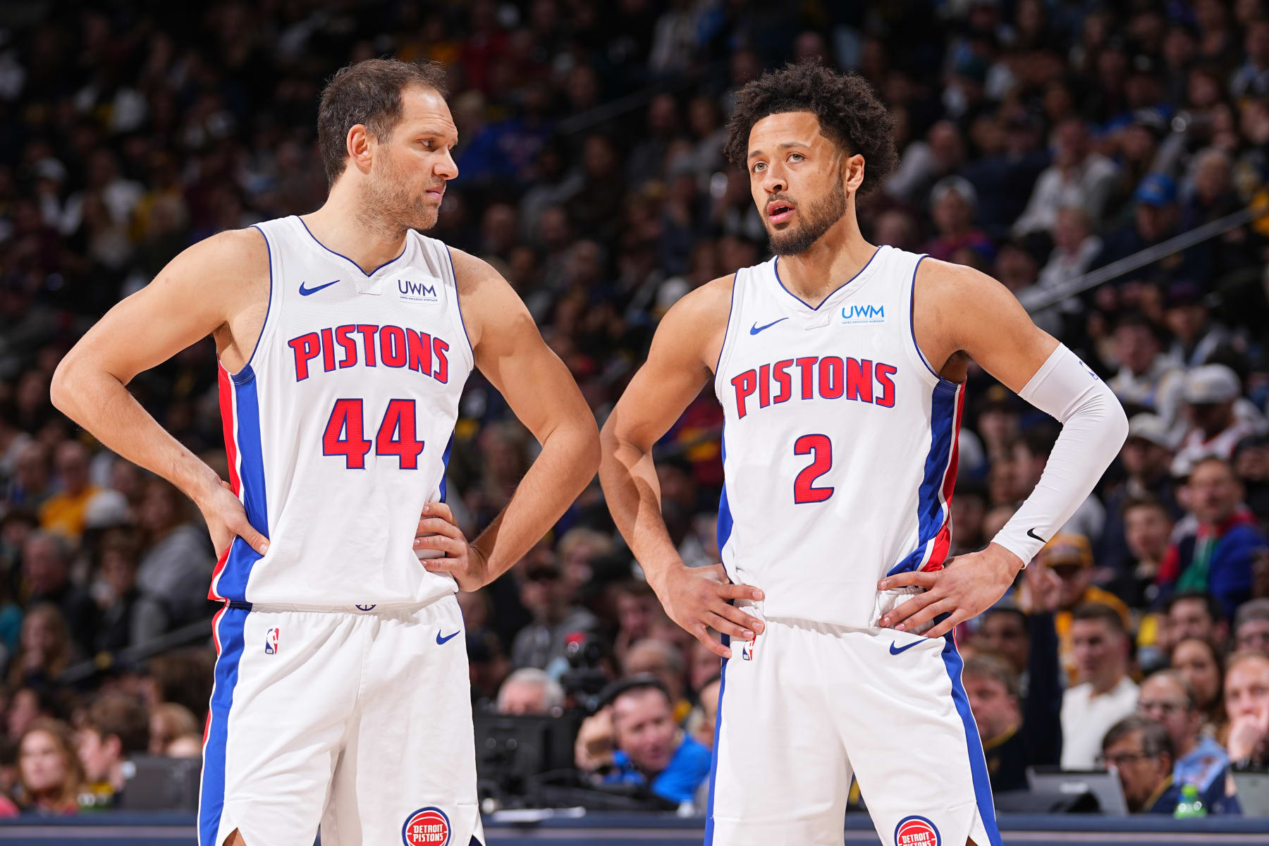 DENVER, CO - JANUARY 7: Bojan Bogdanovic #44 and Cade Cunningham #2 of the Detroit Pistons look on during the game against the Denver Nuggets on January 7, 2024 at the Ball Arena in Denver, Colorado. NOTE TO USER: User expressly acknowledges and agrees that, by downloading and/or using this Photograph, user is consenting to the terms and conditions of the Getty Images License Agreement. Mandatory Copyright Notice: Copyright 2024 NBAE (Photo by Bart Young/NBAE via Getty Images)