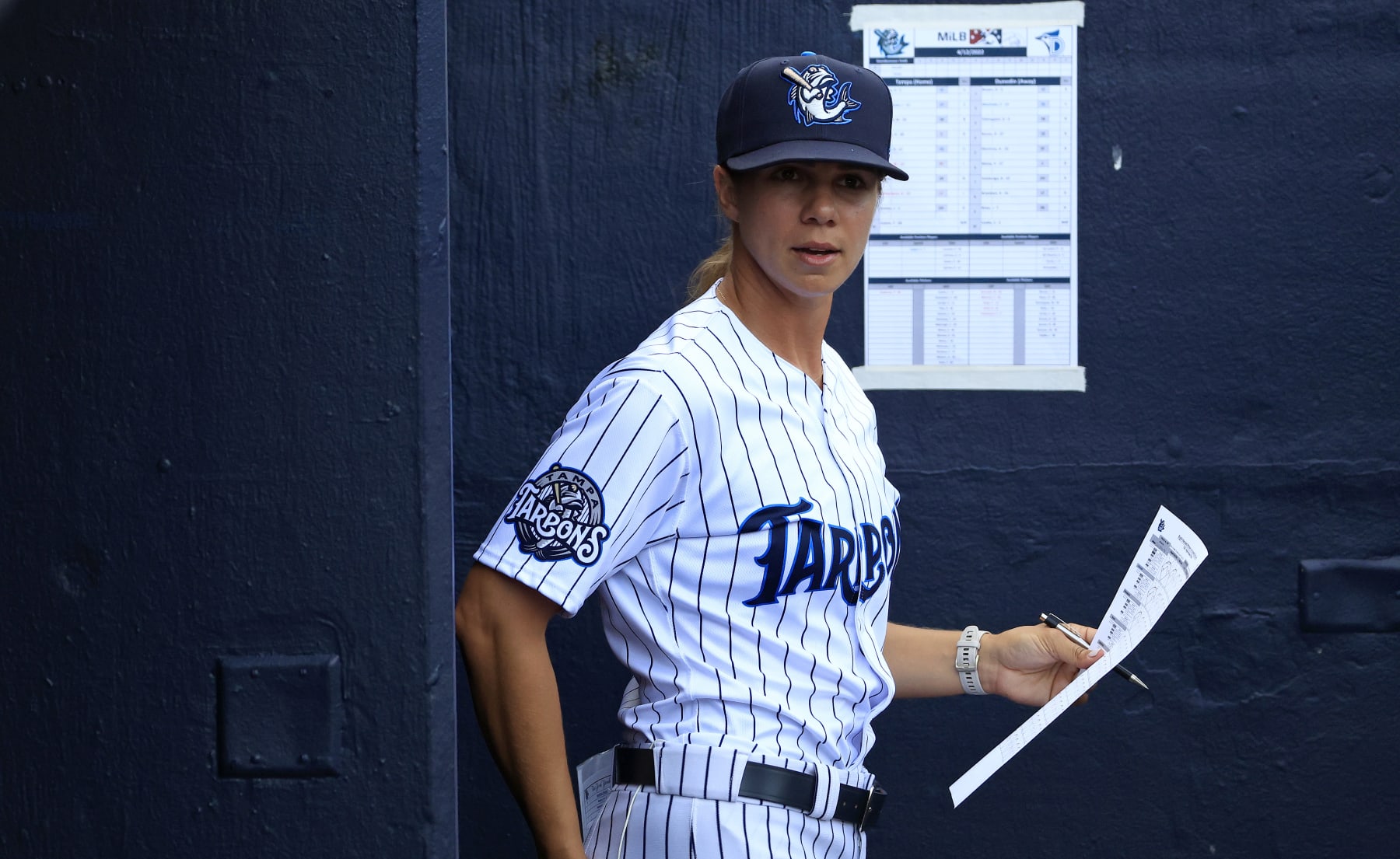 TAMPA, FLORIDA - APRIL 12: Tampa Tarpons Manager Rachel Balkovec, the first full-time female manager in the history of affiliated baseball looks on during a game against the Dunedin Blue Jays at George M. Steinbrenner Field on April 12, 2022 in Tampa, Florida. (Photo by Mike Ehrmann/Getty Images)
