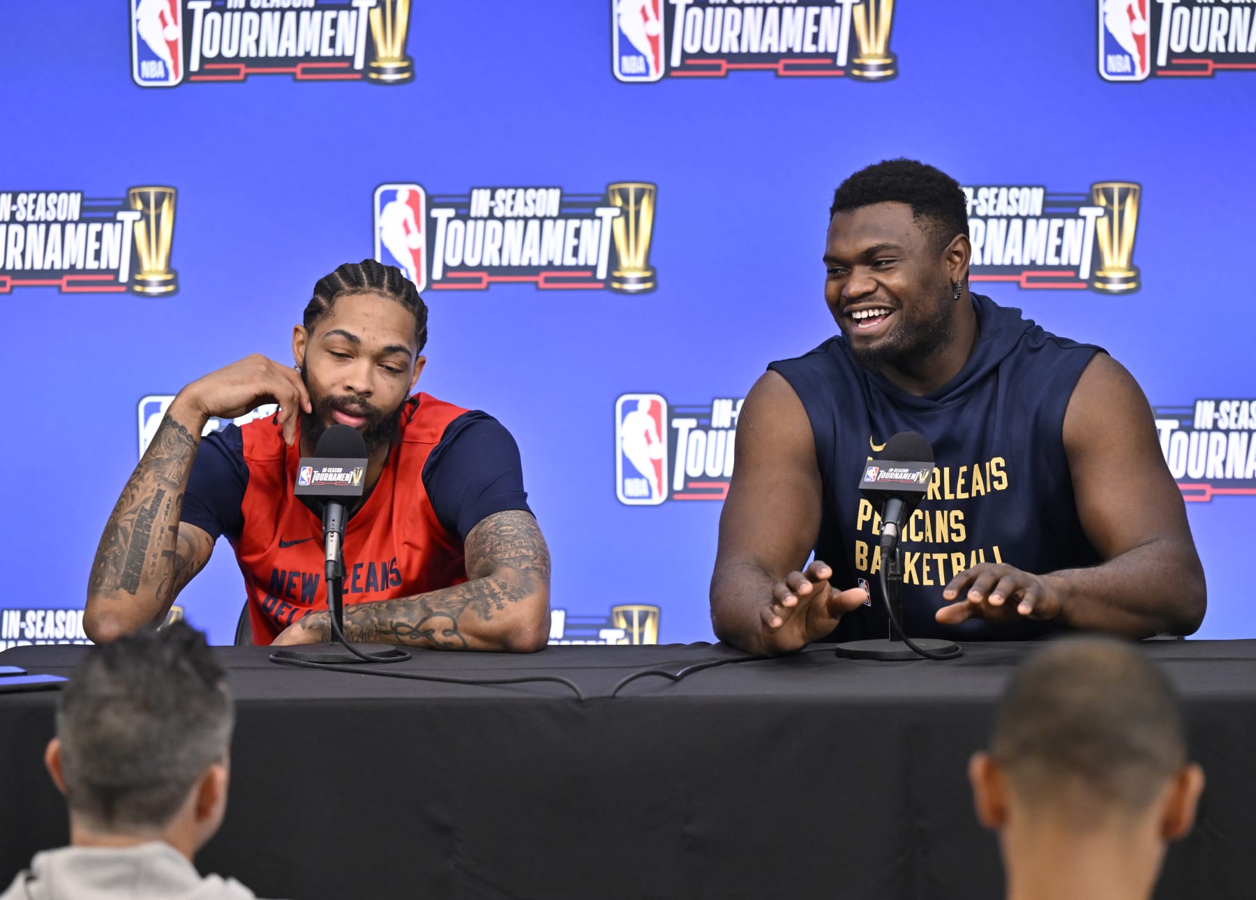 LAS VEGAS, NV - DECEMBER 6: Brandon Ingram #14 and Zion Williamson #1 of the New Orleans Pelicans talks to the media during the In-Season Tournament Press Conference on December 6, 2023 at T-Mobile Arena in Las Vegas, Nevada. NOTE TO USER: User expressly acknowledges and agrees that, by downloading and or using this photograph, User is consenting to the terms and conditions of the Getty Images License Agreement. Mandatory Copyright Notice: Copyright 2023 NBAE (Photo by David Becker/NBAE via Getty Images)