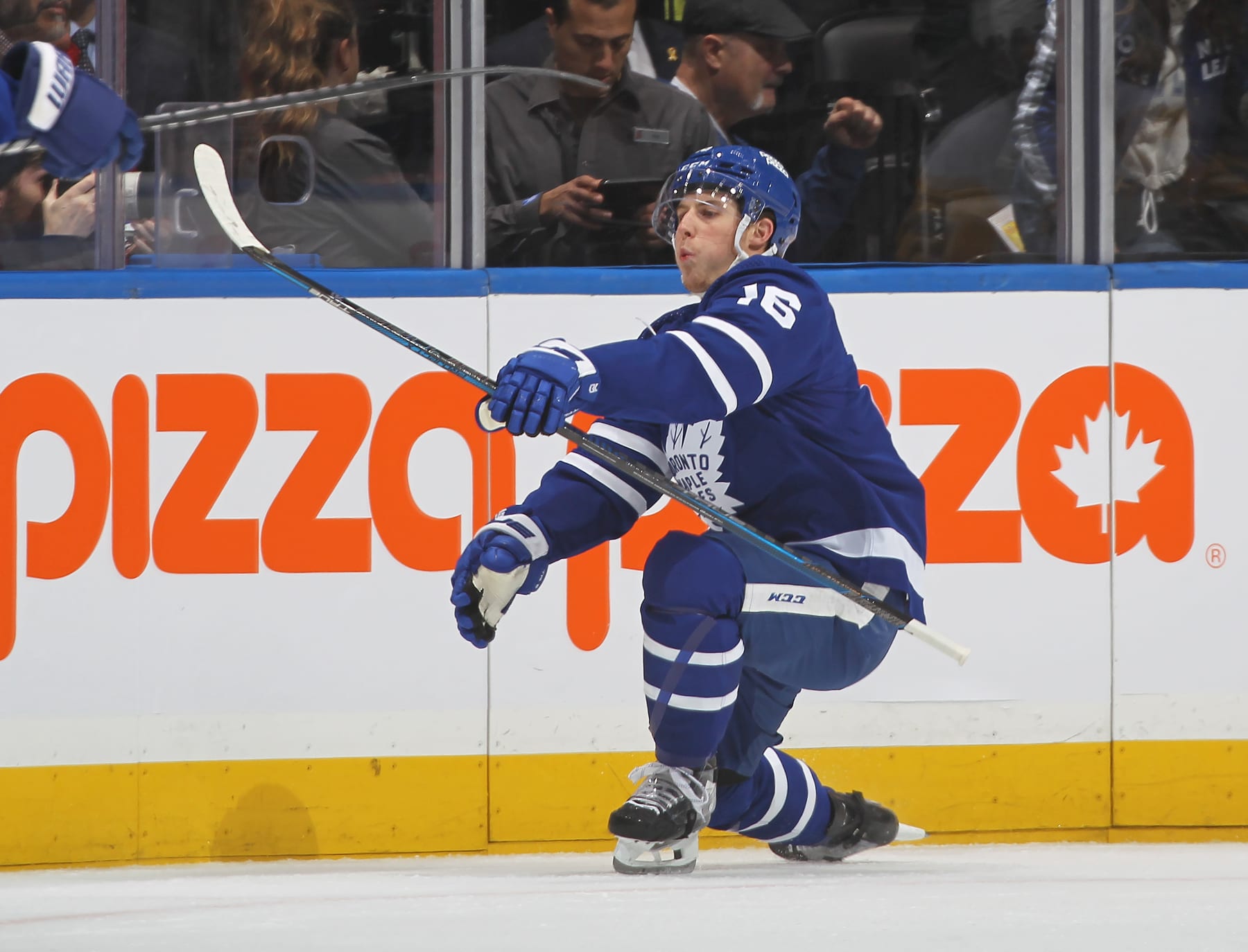 TORONTO, CANADA - DECEMBER 16: Mitchell Marner #16 of the Toronto Maple Leafs celebrates a goal against the Pittsburgh Penguins during the first period in an NHL game at Scotiabank Arena on December 16, 2023 in Toronto, Ontario, Canada. (Photo by Claus Andersen/Getty Images)