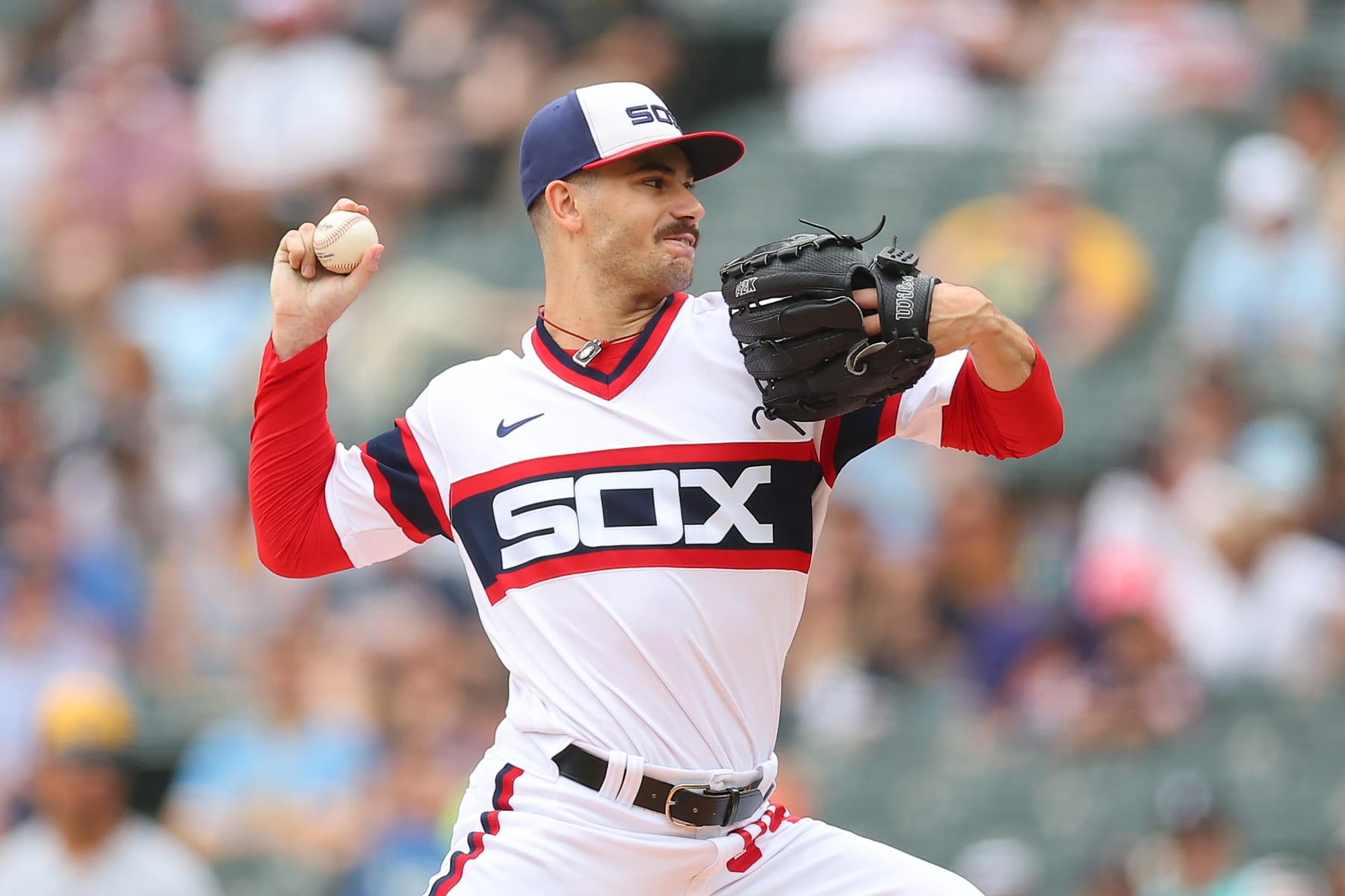 CHICAGO, ILLINOIS - AUGUST 13: Dylan Cease #84 of the Chicago White Sox delivers a pitch against the Milwaukee Brewers during the first inning at Guaranteed Rate Field on August 13, 2023 in Chicago, Illinois. (Photo by Michael Reaves/Getty Images)