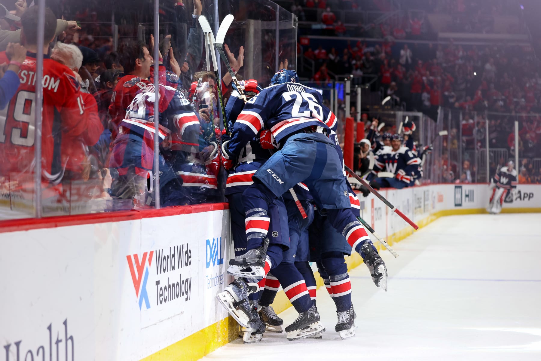WASHINGTON, DC - JANUARY 7: John Carlson #74 of the Washington Capitals celebrates the game winning goal with under one minute left in the third period against the Los Angeles Kings at Capital One Arena on January 7, 2024 in Washington, D.C. (Photo by John McCreary/NHLI via Getty Images)