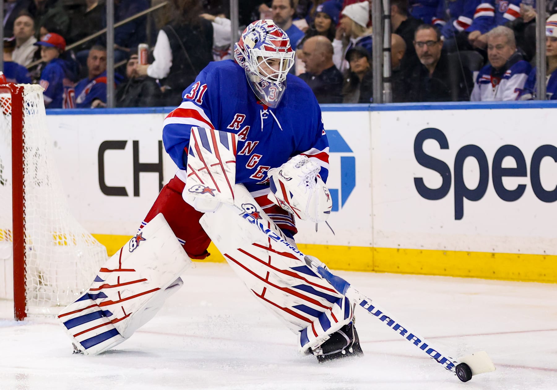 NEW YORK, NY - JANUARY 08: New York Rangers Goalie Igor Shesterkin (31) plays the puck during the first period of the National Hockey League game between the Vancouver Canucks and the New York Rangers on January 8, 2024 at Madison Square Garden in New York, NY. (Photo by Joshua Sarner/Icon Sportswire via Getty Images)
