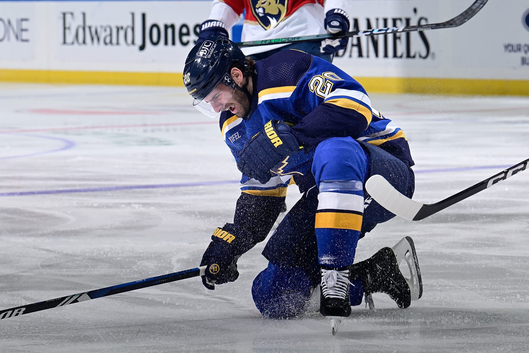 ST. LOUIS, MO - JANUARY 9: Brandon Saad #20 of the St. Louis Blues reacts after getting high sticked in the game against the Florida Panthers on January 9, 2024 at the Enterprise Center in St. Louis, Missouri. (Photo by Scott Rovak/NHLI via Getty Images)