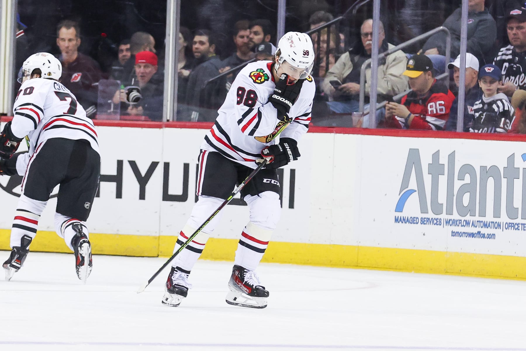 NEWARK, NJ - JANUARY 05: Chicago Blackhawks center Connor Bedard (98) skates off after being hit during a game between the Chicago Blackhawks and New Jersey Devils on January 05, 2024 at Prudential Center in the Newark, New Jersey. (Photo by Andrew Mordzynski/Icon Sportswire via Getty Images)