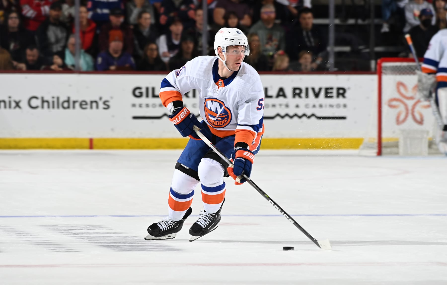 TEMPE, ARIZONA - JANUARY 04: Casey Cizikas #53 of the New York Islanders skates with the puck against the Arizona Coyotes at Mullett Arena on January 04, 2024 in Tempe, Arizona. (Photo by Norm Hall/NHLI via Getty Images)