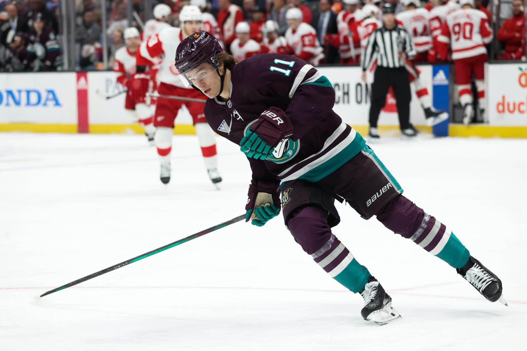 ANAHEIM, CA JANUARY 7: Trevor Zegras #11 of the Anaheim Ducks skates during the game against the Detroit Red Wings on January 7, 2024 at Honda Center in Anaheim, California. (Photo by Debora Robinson/NHLI via Getty Images)