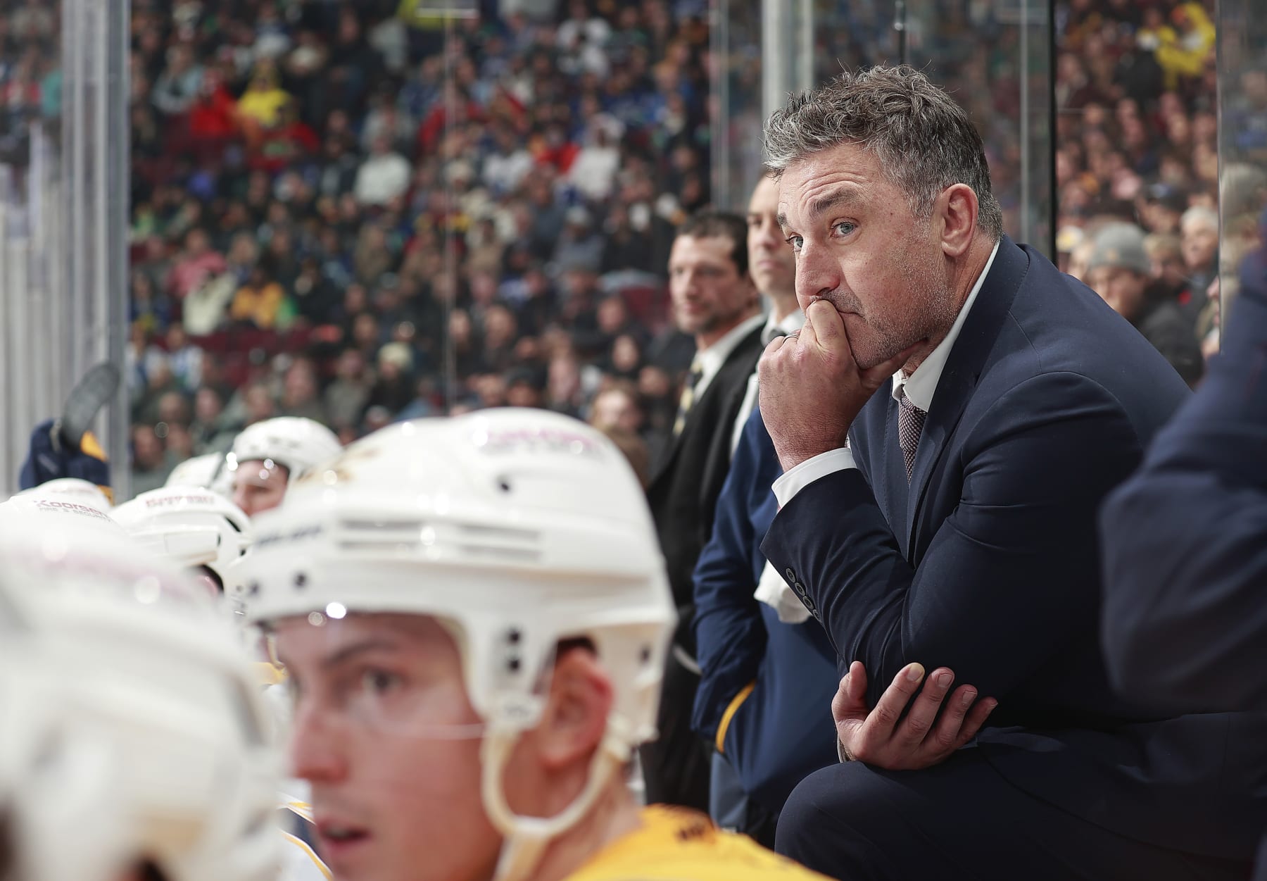 VANCOUVER, CANADA - OCTOBER 31: Head coach Andrew Brunette of the Nashville Predators looks on from the bench during their NHL game against the Vancouver Canucks at Rogers Arena October 31, 2023 in Vancouver, British Columbia, Canada. (Photo by Jeff Vinnick/NHLI via Getty Images)