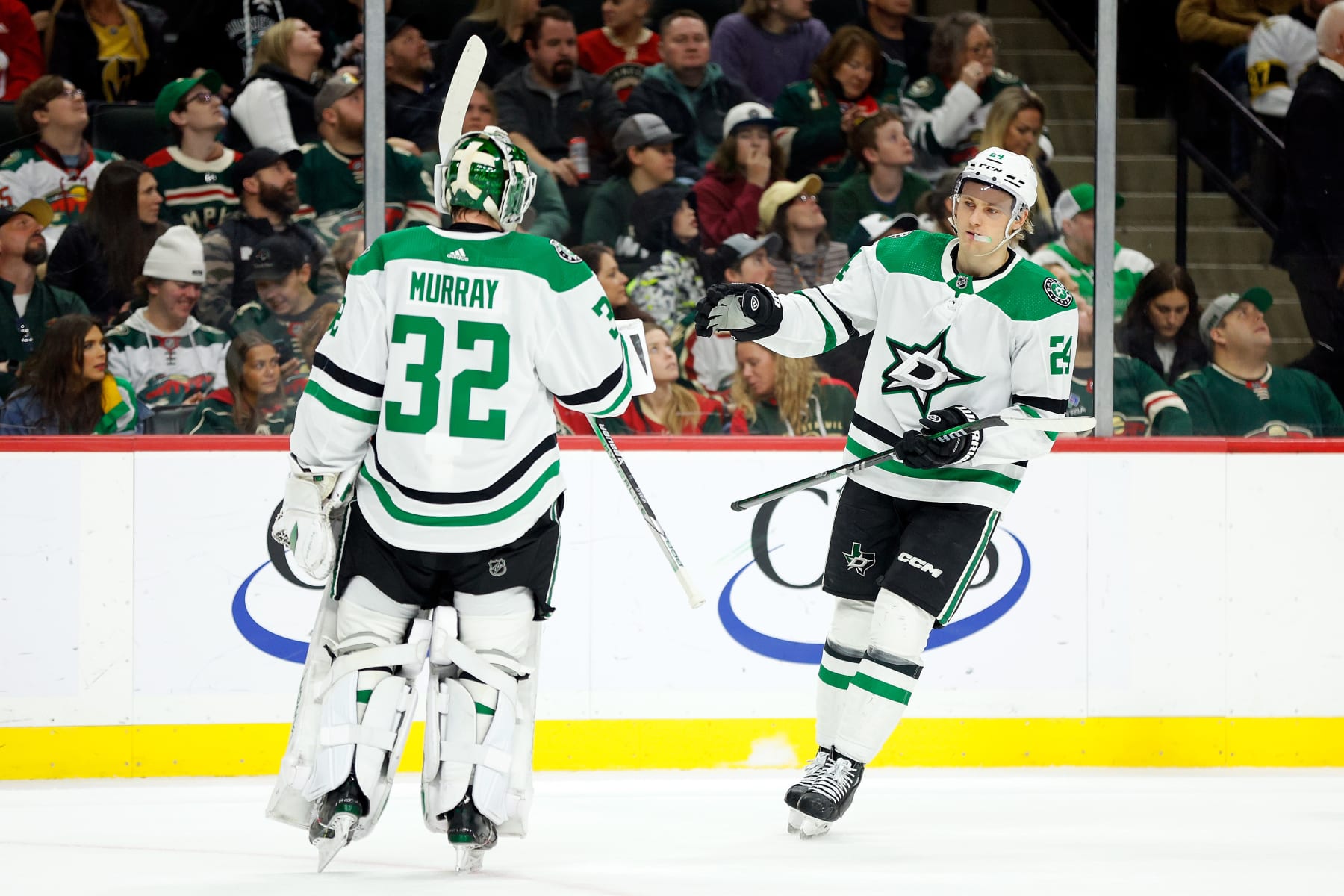 ST PAUL, MINNESOTA - JANUARY 08: Roope Hintz #24 of the Dallas Stars celebrates his shorthanded goal against the Minnesota Wild with goaltender Matt Murray #32 in the first period at Xcel Energy Center on January 08, 2024 in St Paul, Minnesota. (Photo by David Berding/Getty Images)
