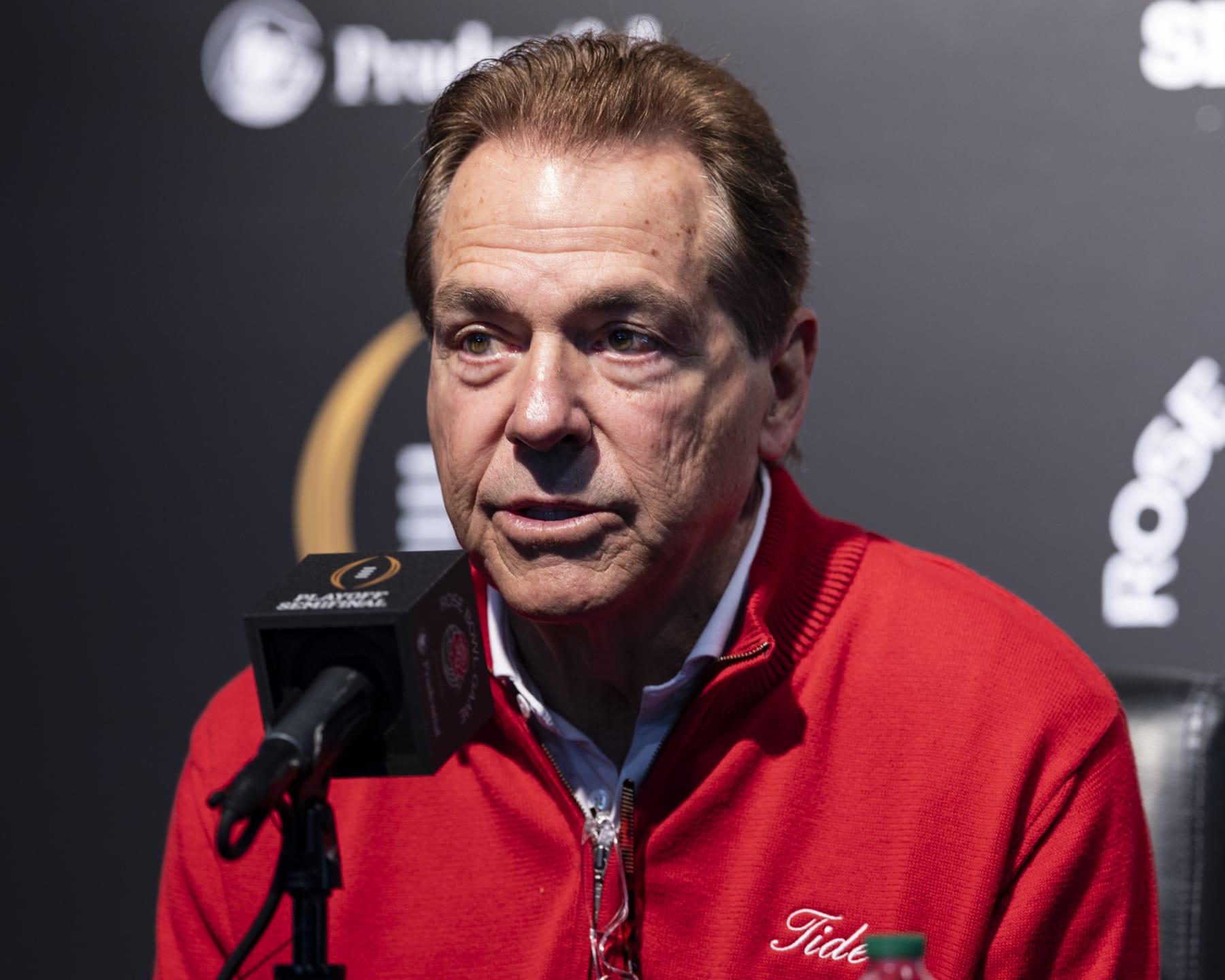 PASADENA, CA - DECEMBER 30: Head Coach Nick Saban of the Alabama Crimson Tide during media day at the Rose Bowl on December 30, 2023 in Pasadena, California. (Photo by Steve Limentani/ISI Photos/Getty Images)