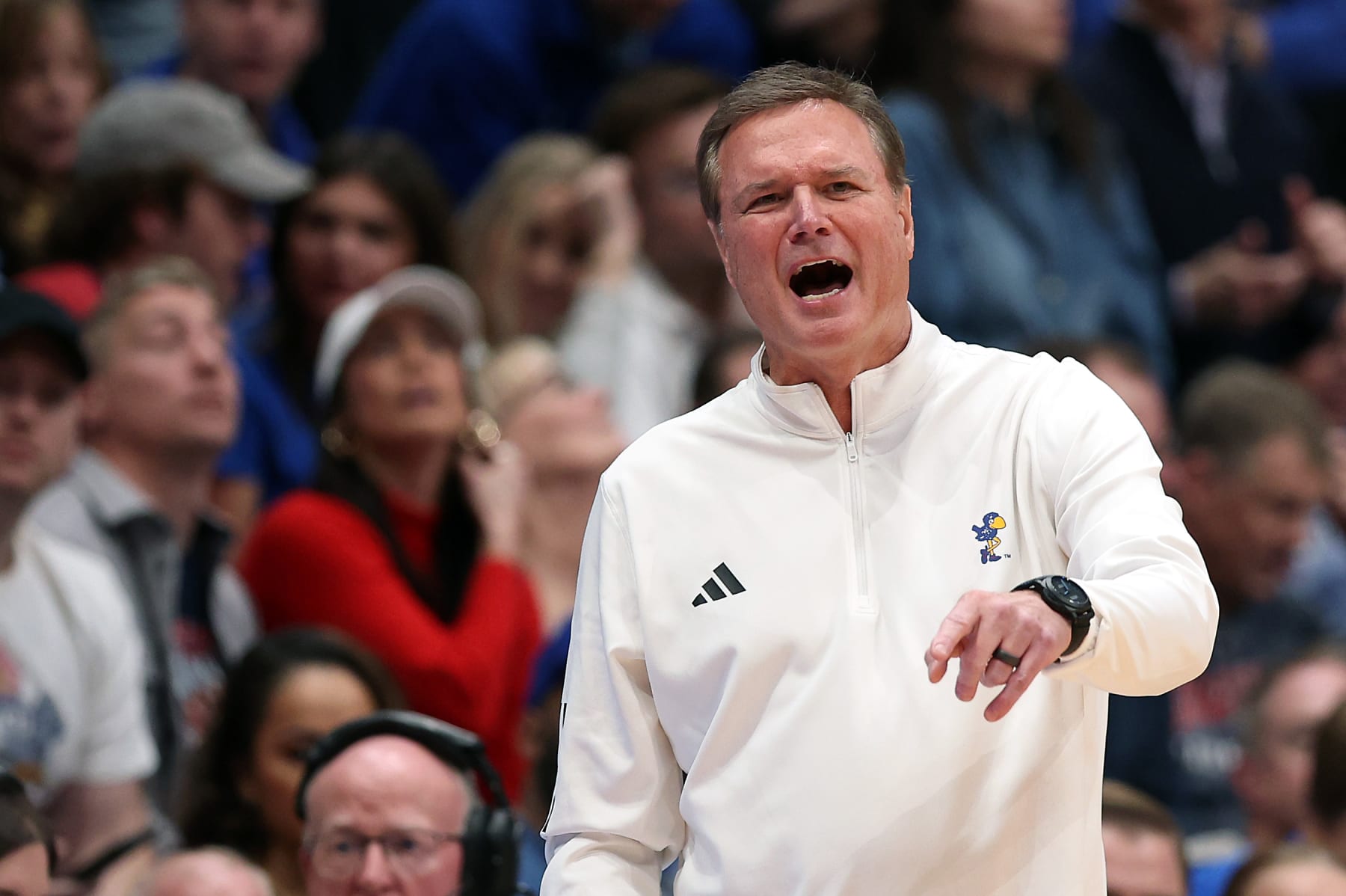 LAWRENCE, KANSAS - JANUARY 06: Head coach Bill Self of the Kansas Jayhawks coaches from the bench during the 2nd half of the game against the TCU Horned Frogs at Allen Fieldhouse on January 06, 2024 in Lawrence, Kansas. (Photo by Jamie Squire/Getty Images)