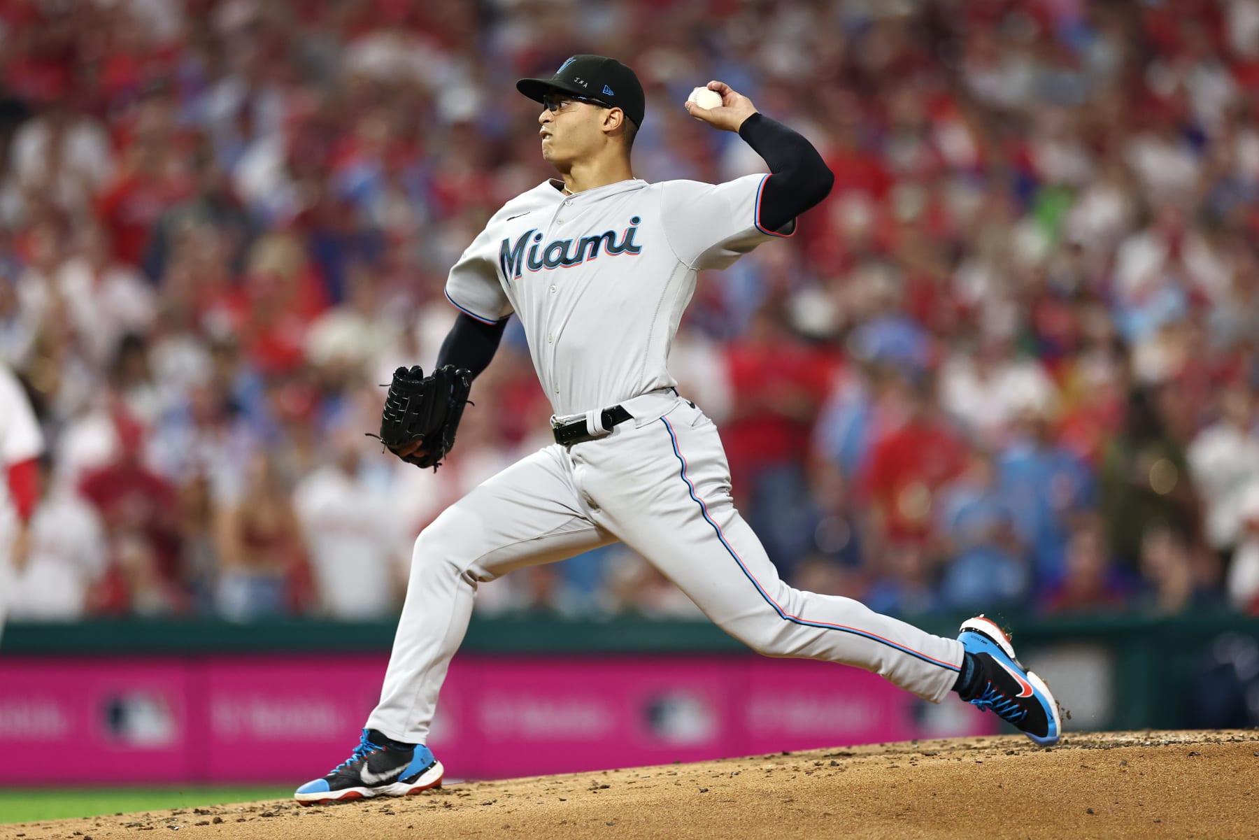 PHILADELPHIA, PENNSYLVANIA - OCTOBER 03: Jesus Luzardo #44 of the Miami Marlins pitches during the first inning against the Philadelphia Phillies in Game One of the Wild Card Series at Citizens Bank Park on October 03, 2023 in Philadelphia, Pennsylvania. (Photo by Tim Nwachukwu/Getty Images)