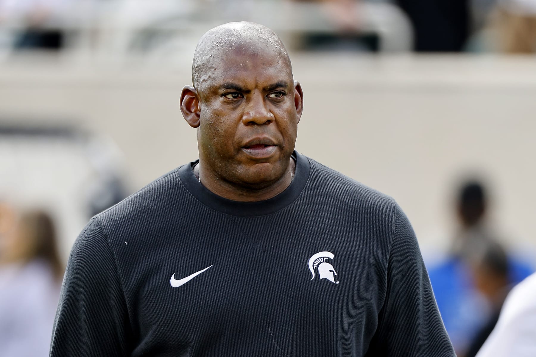 EAST LANSING, MICHIGAN - SEPTEMBER 09: Mel Tucker head coach of the Michigan State Spartans looks on before a game against the Richmond Spiders at Spartan Stadium on September 09, 2023 in East Lansing, Michigan. (Photo by Mike Mulholland/Getty Images)