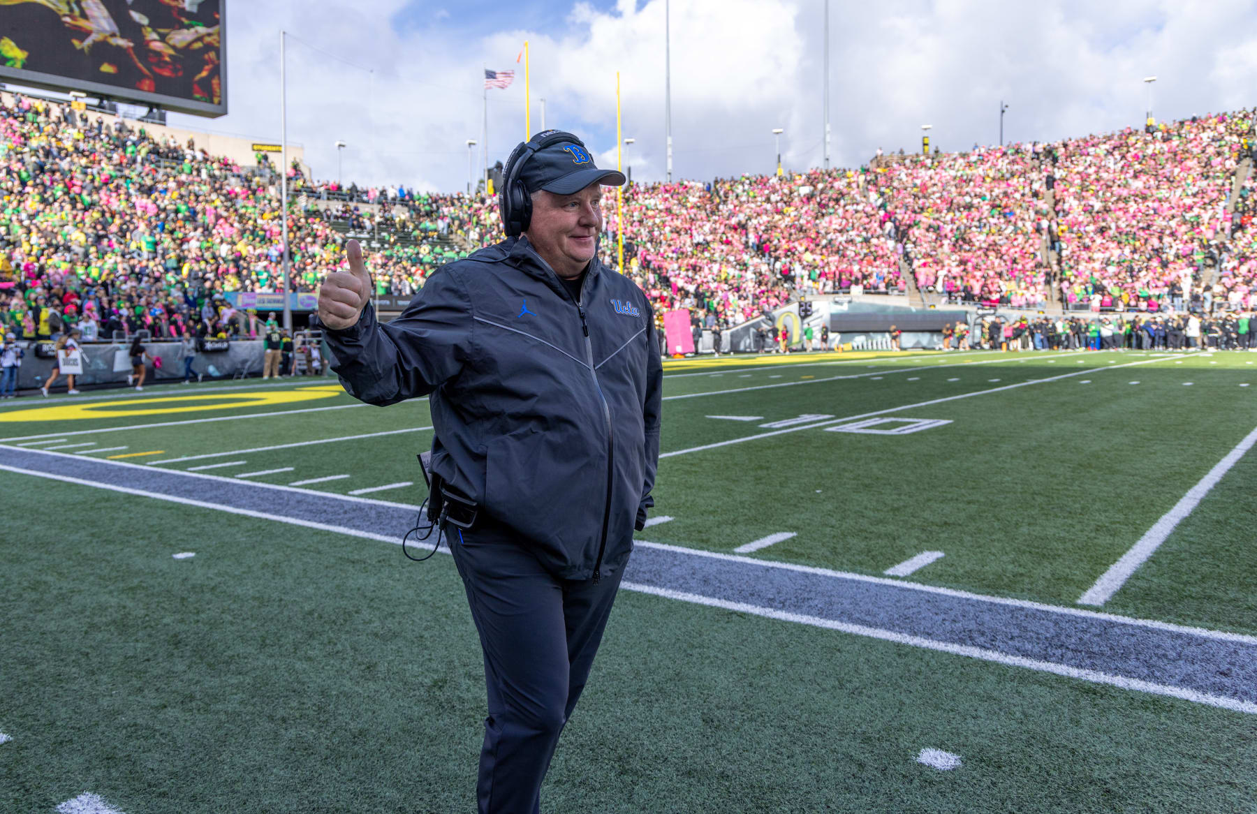 EUGENE, OR - OCTOBER 22: Head coach of the UCLA Bruins Chip Kelly stands on the sidelines during the first half against the Oregon Ducks at Autzen Stadium on October 22, 2022 in Eugene, Oregon. (Photo by Tom Hauck/Getty Images)
