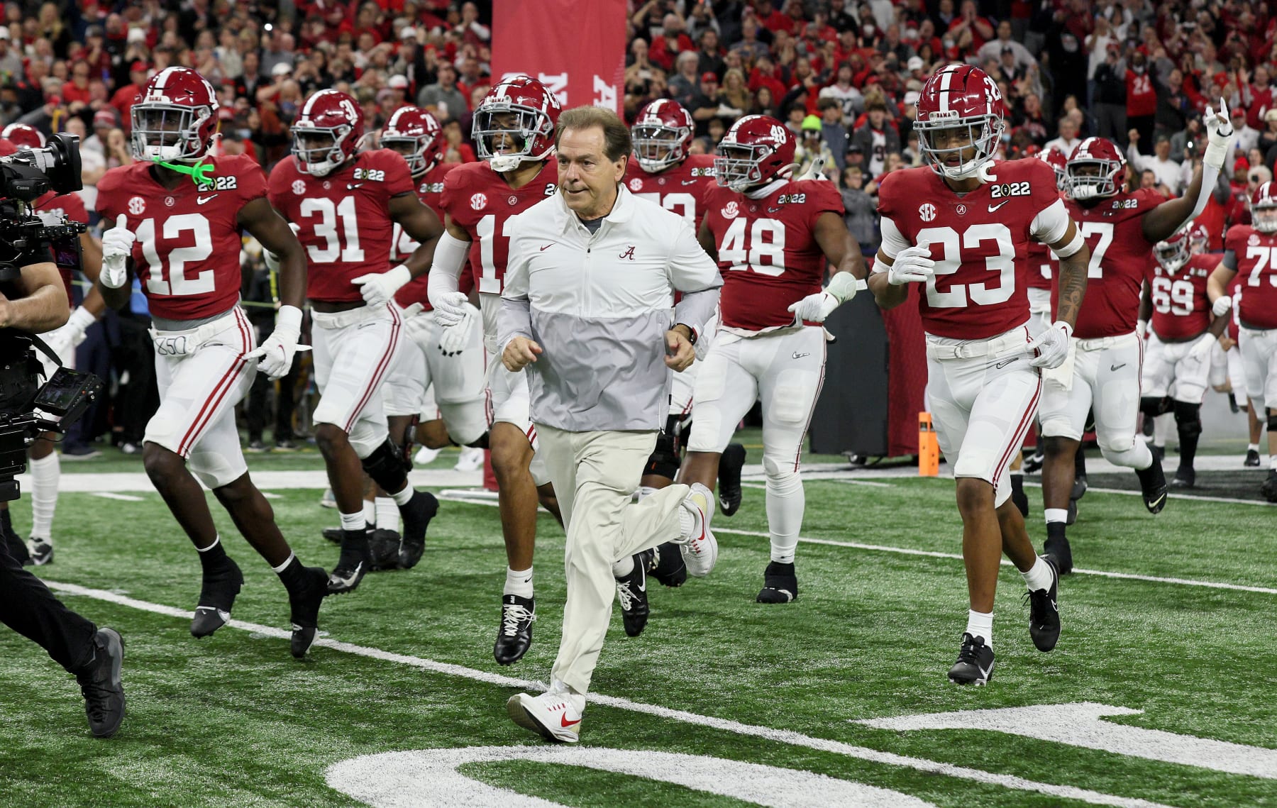 INDIANAPOLIS, INDIANA - JANUARY 10: Nick Saban the head coach of the Alabama Crimson Tide against the Georgia Bulldogs at Lucas Oil Stadium on January 10, 2022 in Indianapolis, Indiana. (Photo by Andy Lyons/Getty Images)