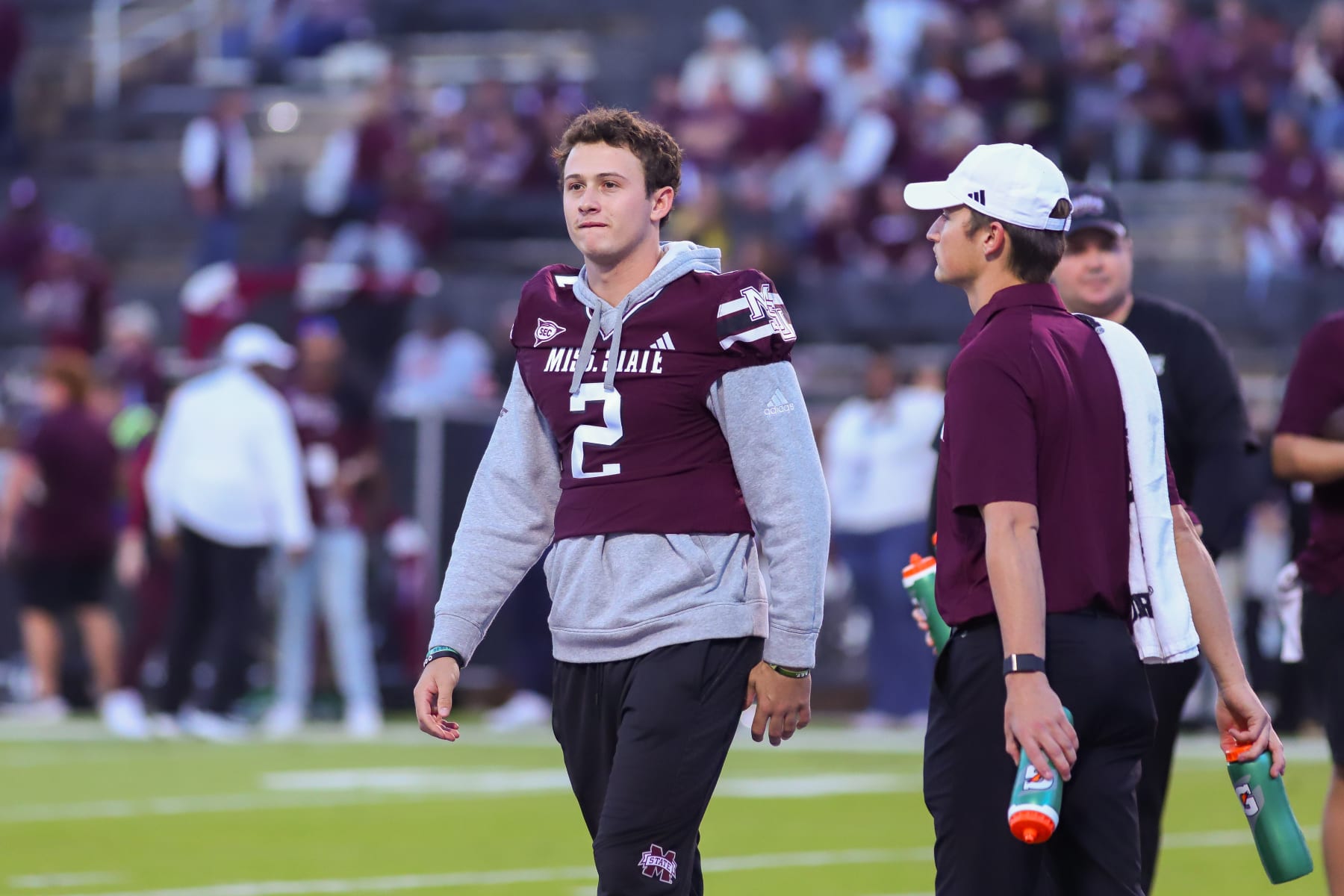 STARKVILLE, MS - NOVEMBER 04: Mississippi State Bulldogs quarterback Will Rogers (2) walks the field during pregame warmups before the game between the Kentucky Wildcats and the Mississippi State Bulldogs on November 4, 2023 at Davis Wade Stadium at Scott Field in Starkville, MS. (Photo by Chris McDill/Icon Sportswire via Getty Images)