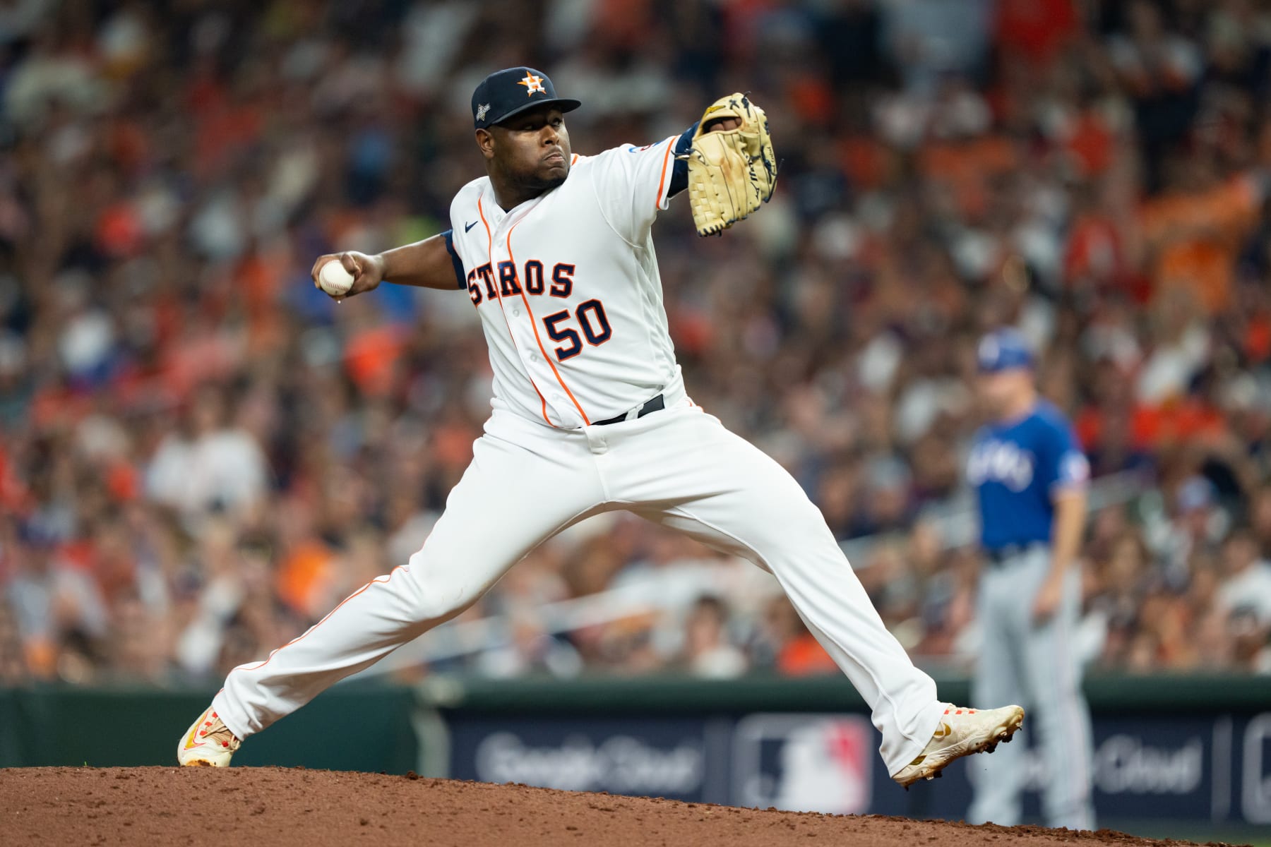 HOUSTON, TX - OCTOBER 23: Hector Neris #50 of the Houston Astros pitches during Game 7 of the ALCS between the Texas Rangers and the Houston Astros at Minute Maid Park on Monday, October 23, 2023 in Houston, Texas. (Photo by Alex Bierens de Haan/MLB Photos via Getty Images)