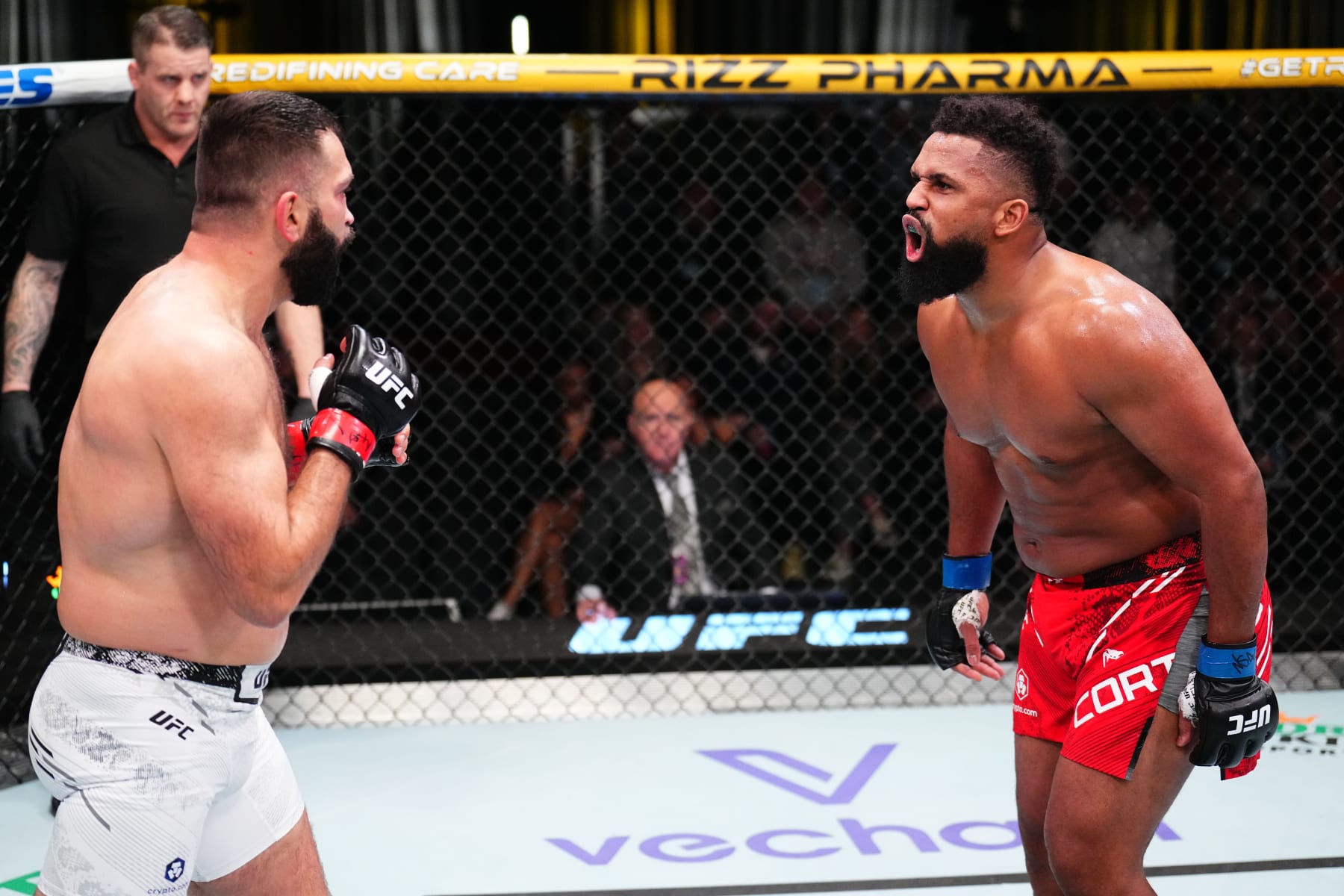 LAS VEGAS, NEVADA - JANUARY 13: (R-L) Waldo Cortes-Acosta of the Dominican Republic taunts Andrei Arlovski of Belarus in a heavyweight fight during the UFC Fight Night event at UFC APEX on January 13, 2024 in Las Vegas, Nevada. (Photo by Chris Unger/Zuffa LLC via Getty Images)