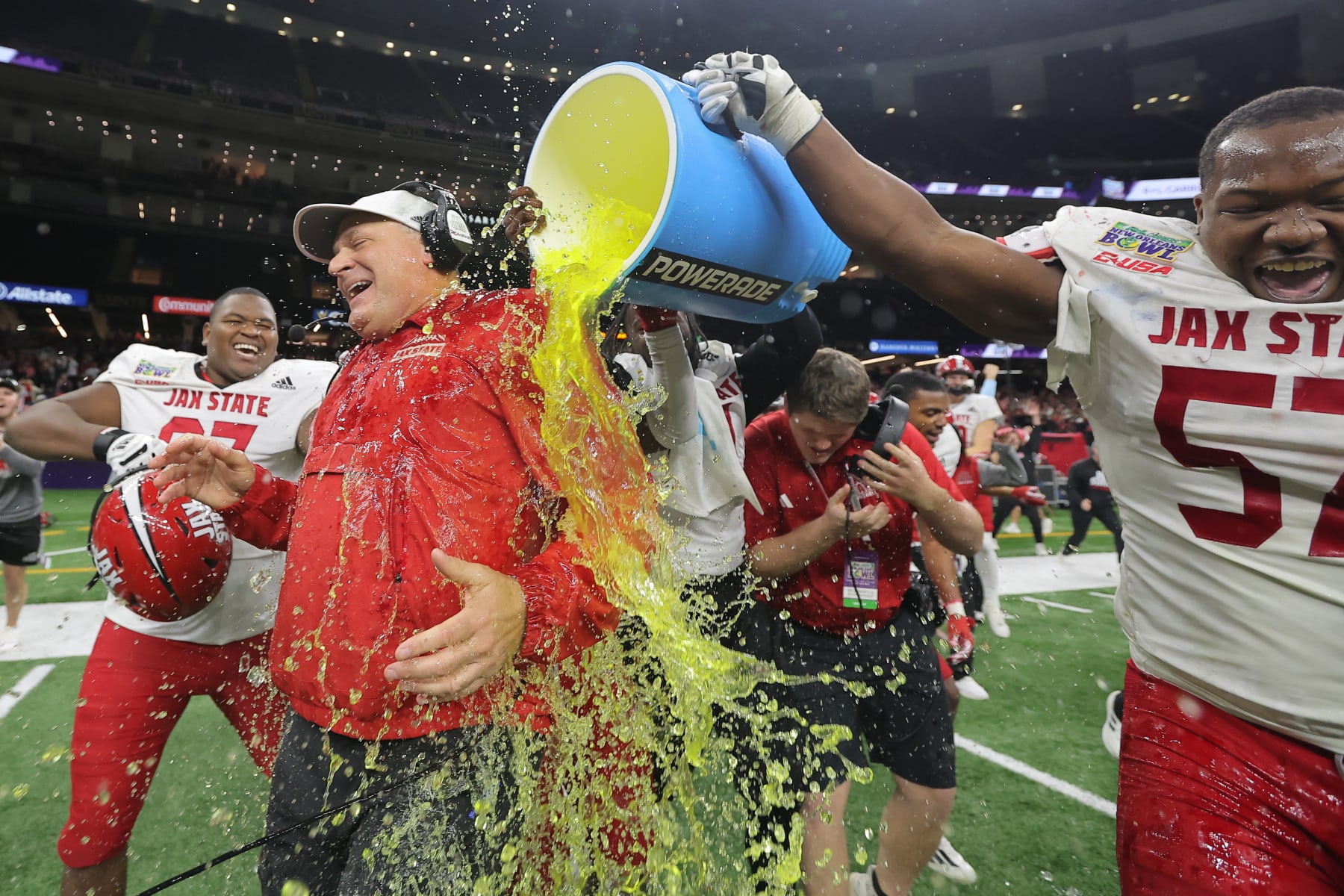 NEW ORLEANS, LOUISIANA - DECEMBER 16: Head coach Rich Rodriguez of the Jacksonville State Gamecocks celebrates a win over the Louisiana-Lafayette Ragin Cajuns after the R+L Carriers New Orleans Bowl at Caesars Superdome on December 16, 2023 in New Orleans, Louisiana. (Photo by Jonathan Bachman/Getty Images)